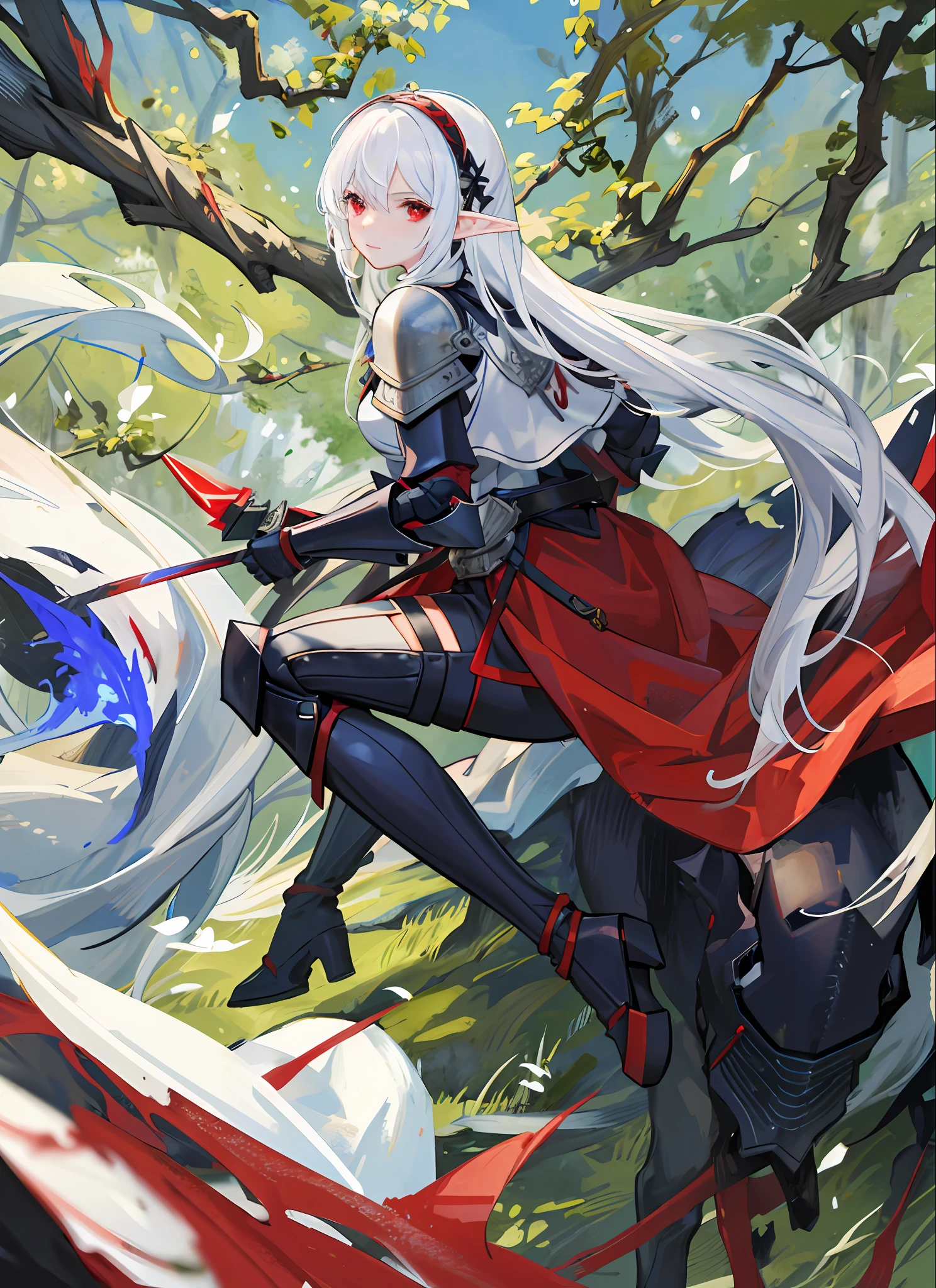 1girl . Elf. White hair. Half a body. Red eyes. Wearing armor. Using bright blue sword. In a forest. With cherry trees