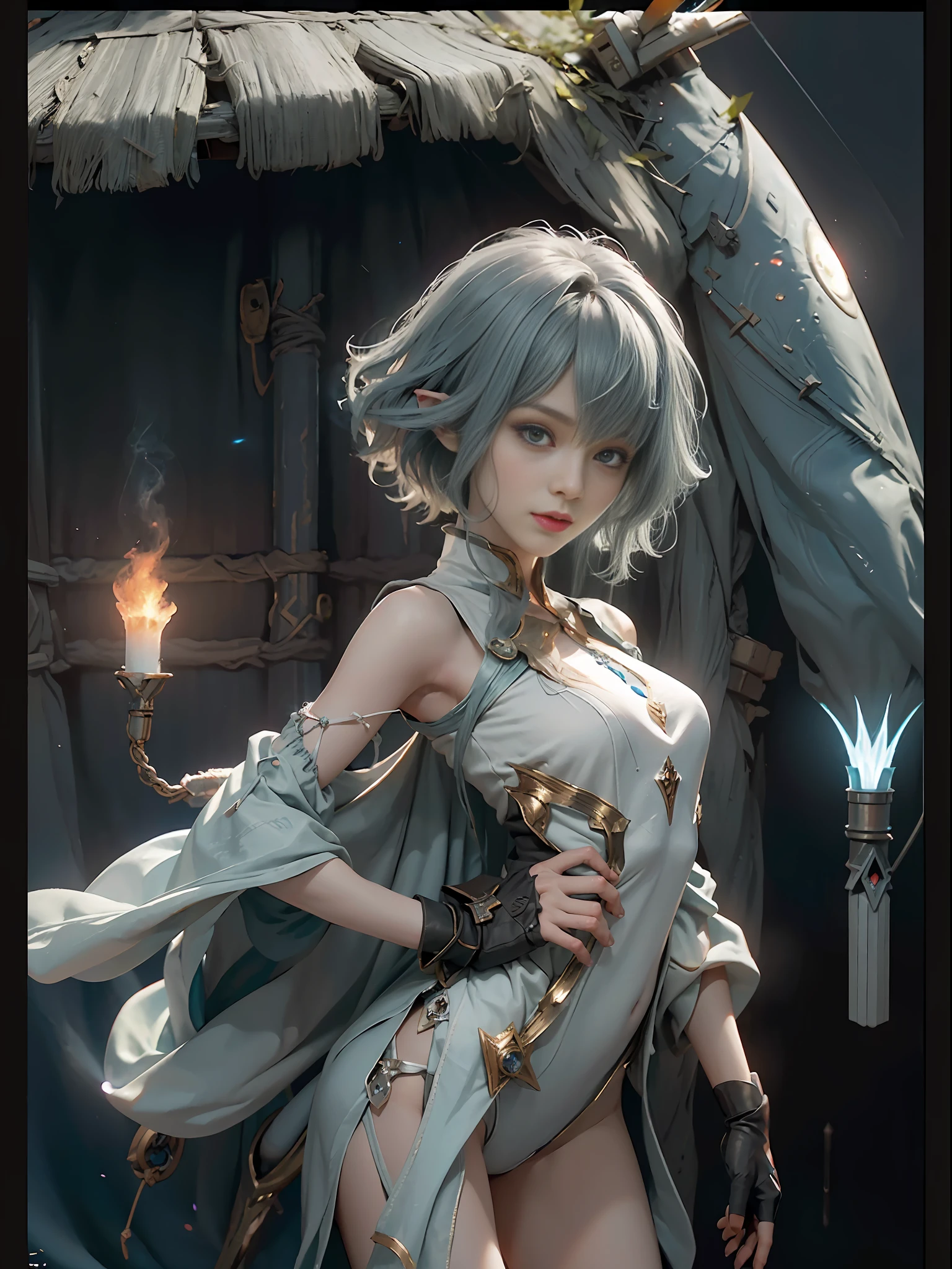 ((Best Quality)), ((Masterpiece)), (Details: 1.4), 3D, Bust, Portrait of a Young Girl, ((Facing Square)), (Body Facing the Viewer), (A Beautiful Petite and Slender Young Girl Image), ((Small Breast, Small Head)), ((Bust Photo)), (Upper Body), (slender perfect body: 1.2), (perfect face), (young face), (perfect eyes), (perfect hands), (perfect fingers), (neck-length short hair: 1.5), (concise tight one-piece combat suit: 1.3), golden hair, collar, (gloves: 1.2), (guns), chains, in the distant future, the line between science fiction and fantasy has disappeared, and the world is an awesome tapestry of wonder. Enter a universe where magic and technology coexist in harmony and shape the fate of civilization in the vast expanse of space. At the heart of this field is celestial relations, an interstellar center of mysterious energy and technological wonders. Here, arcane knowledge is intertwined with cutting-edge science, giving birth to a society where spaceships are filled with the power of ancient spells, while occult art enhances technology. As a young explorer, embark on a grand adventure destined to unlock the secrets of the celestial bond. As you travel through the uncharted realms of the universe, encounter various civilizations full of creatures with extraordinary abilities. From the ethereal spire of the elves, where the art of traveling across dimensions is perfected, to the cybernetic enclave of the Android Group, witness the tapestry of life where magic and technology intertwine. Unleash your latent power as you adapt to the energy flowing through the Nexus. Take advantage of the ancient spells of forgotten witchcraft to propel your starship through the vast universe. Engage in epic battles against Cosmic Abomination and Intergalactic Tyrants, wielding enchanted weapons infused with future enhancements. Uncover the origins of this harmonious blend of magic and technology as you delve into the mysterious realm of celestial relationships. Discover ancient prophe