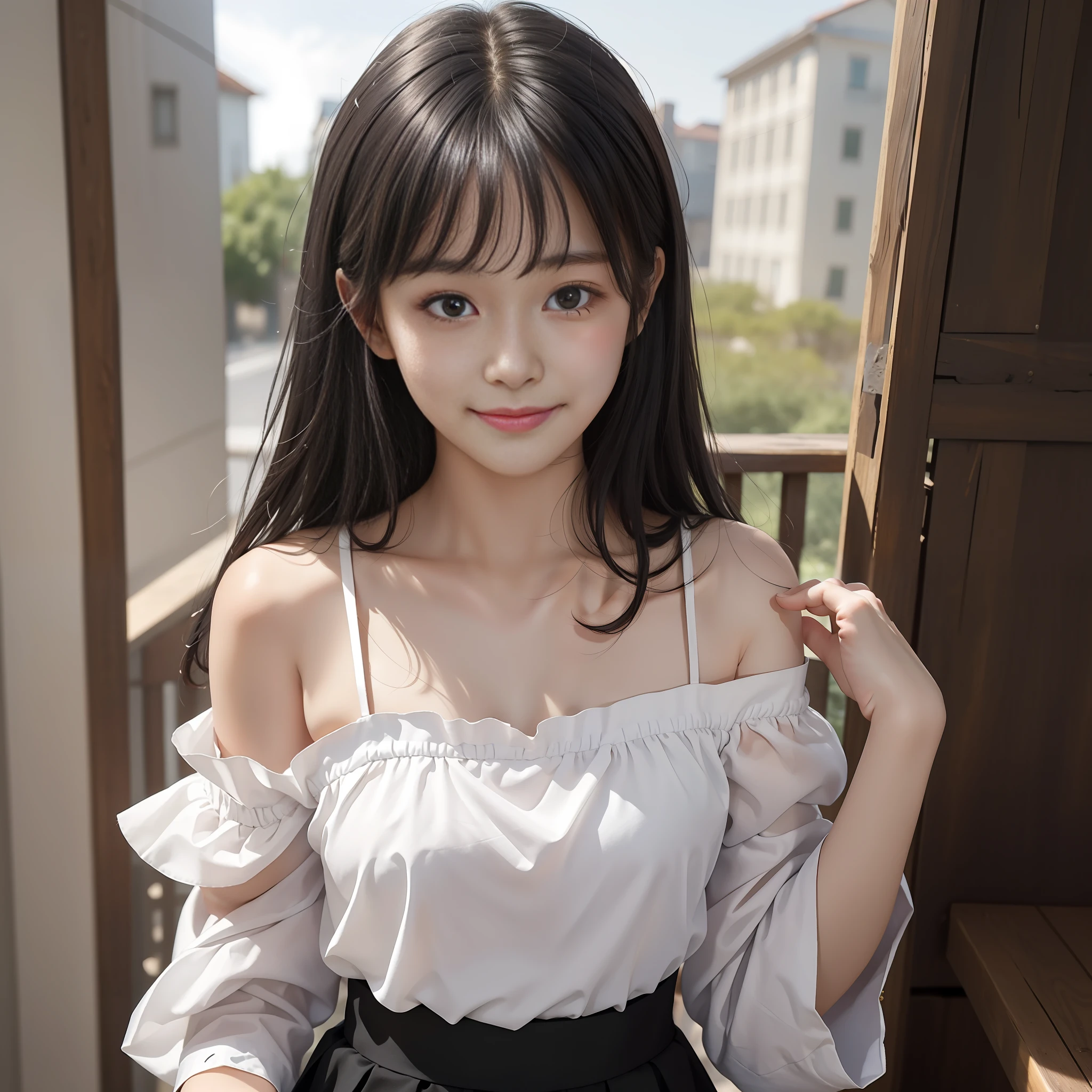 1girl, white shirt, black skirt, collarbone, bare shoulders, bangs, long hair, black hair, light smile, blush, sun light, looking at viewer, close mouth, (masterpiece, best quality, distinct, super detail, finely detailed)