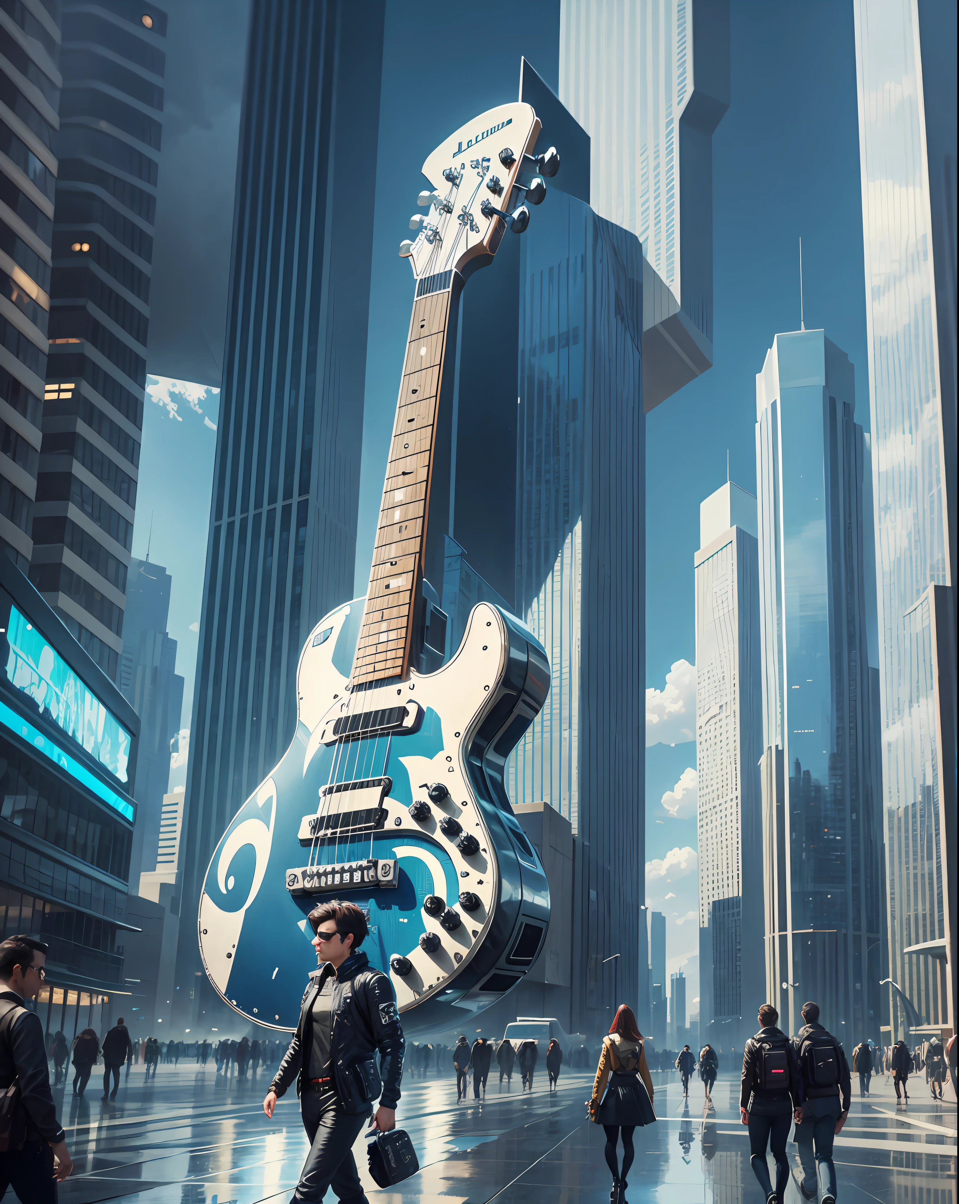 futuristic style, realistic, 16k, high details, in the background a guitar-shaped building, front people walking towards that building, --auto --s2