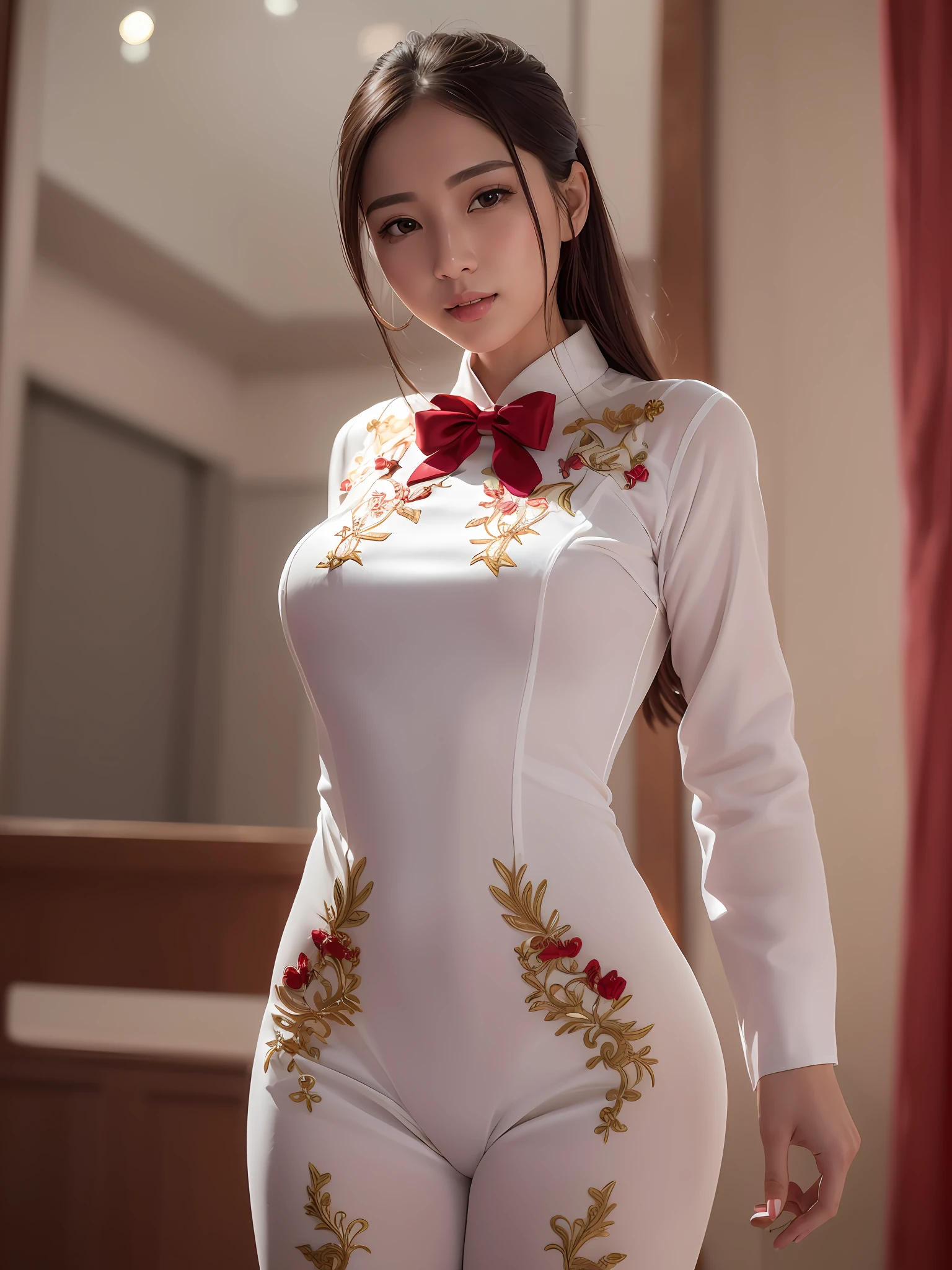 1girl, (best quality, masterpiece, ultra high resolution),(photorealistic:1.3), (realistic:1.3),(long legs:1.3), (closed mouth), (light smile:1.2), (long white ao dai:1.2), (Embroidered:1.2), (long trousers:1.2), (red bow tie:1.2),(day:1.3), (bright lights:1.3), indoors, busty, dynamic pose, vivacious and seductive,(standing), (slender), (slender legs), (busty:1.2), (facing to the side), shiny skin, nose blush, (male focus, from below:1.2), (lower body:1.2),