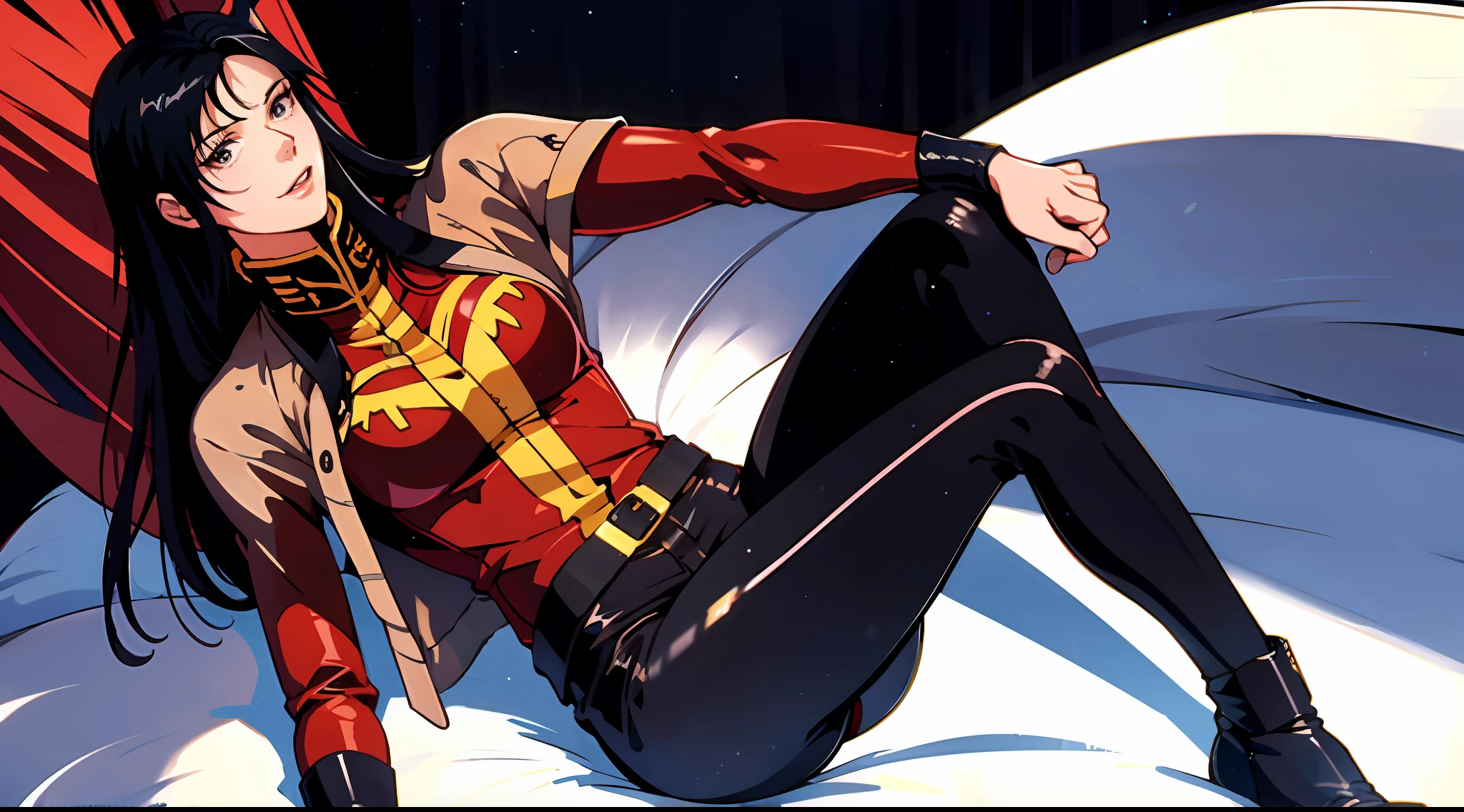 "Absurd, masterpiece, hyperdetail: 1.2, realistic: 1.4, high resolution, front: 1.3, denim style, a mature female solo, face shadow. Wearing a red military uniform, stretch out your hand. Wearing a brown cloak, spinning in the flutter, floating. Sima Galahao, boots, black stockings, sitting on the couch with her legs up. "