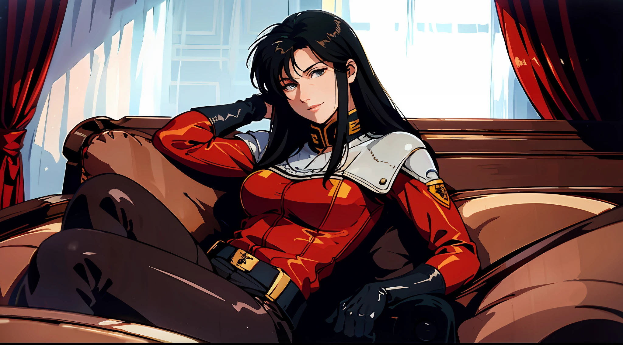 "Absurd, masterpiece, hyperdetail: 1.2, realistic: 1.4, high resolution, front: 1.3, denim style, a mature female solo, face shadow. Wearing a red military uniform, stretch out your hand. Wearing a brown cloak, spinning in the flutter, floating. Sima Galahao, boots, black stockings, sitting on the couch with her legs up. "