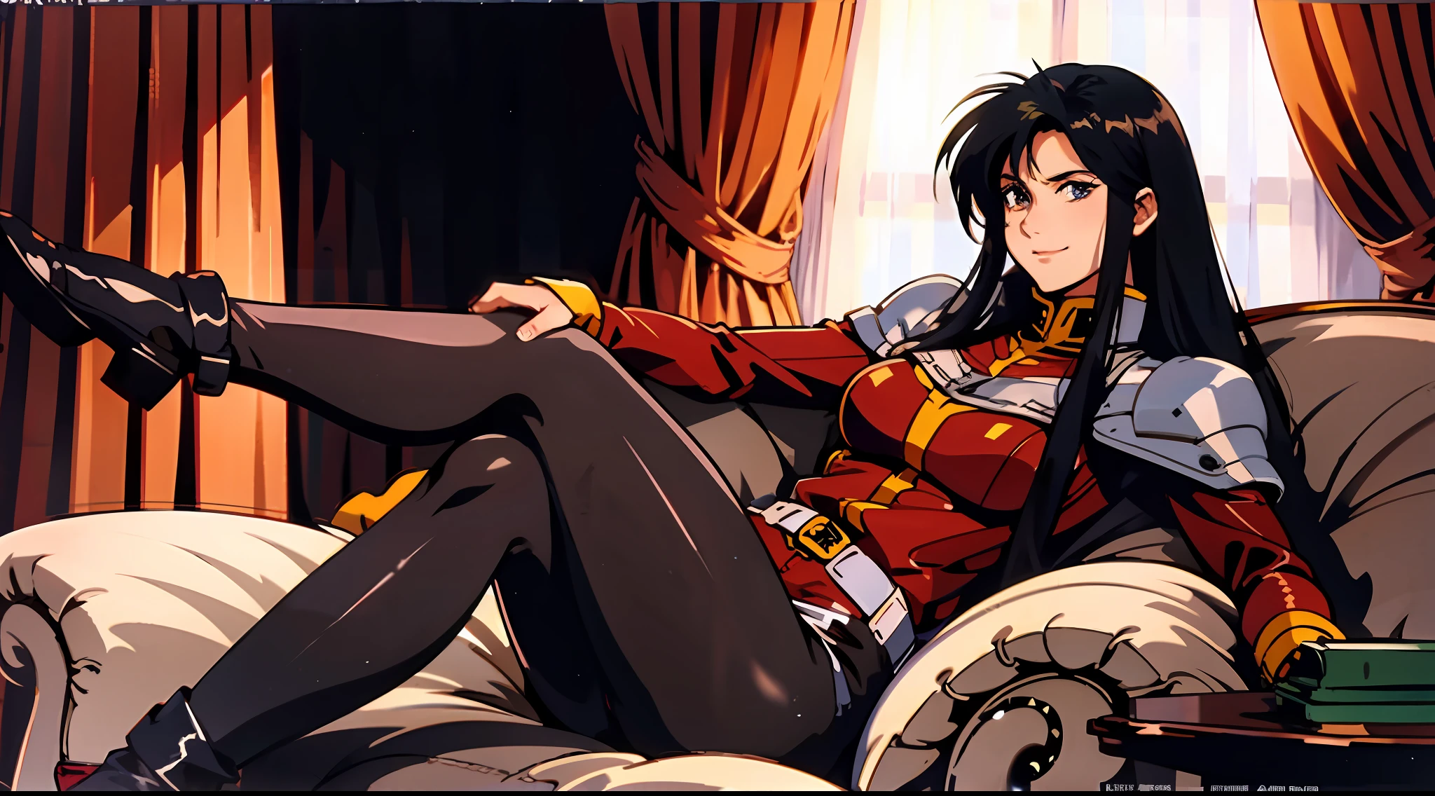 "Absurd, masterpiece, hyperdetail: 1.2, realistic: 1.4, high resolution, front: 1.3, denim style, a mature female solo, face shadow. Wearing a red military uniform, stretch out your hand. Wearing a brown cloak, spinning in the flutter, floating. Sima Galahao, boots, black stockings, sitting on the couch with her legs up. "
