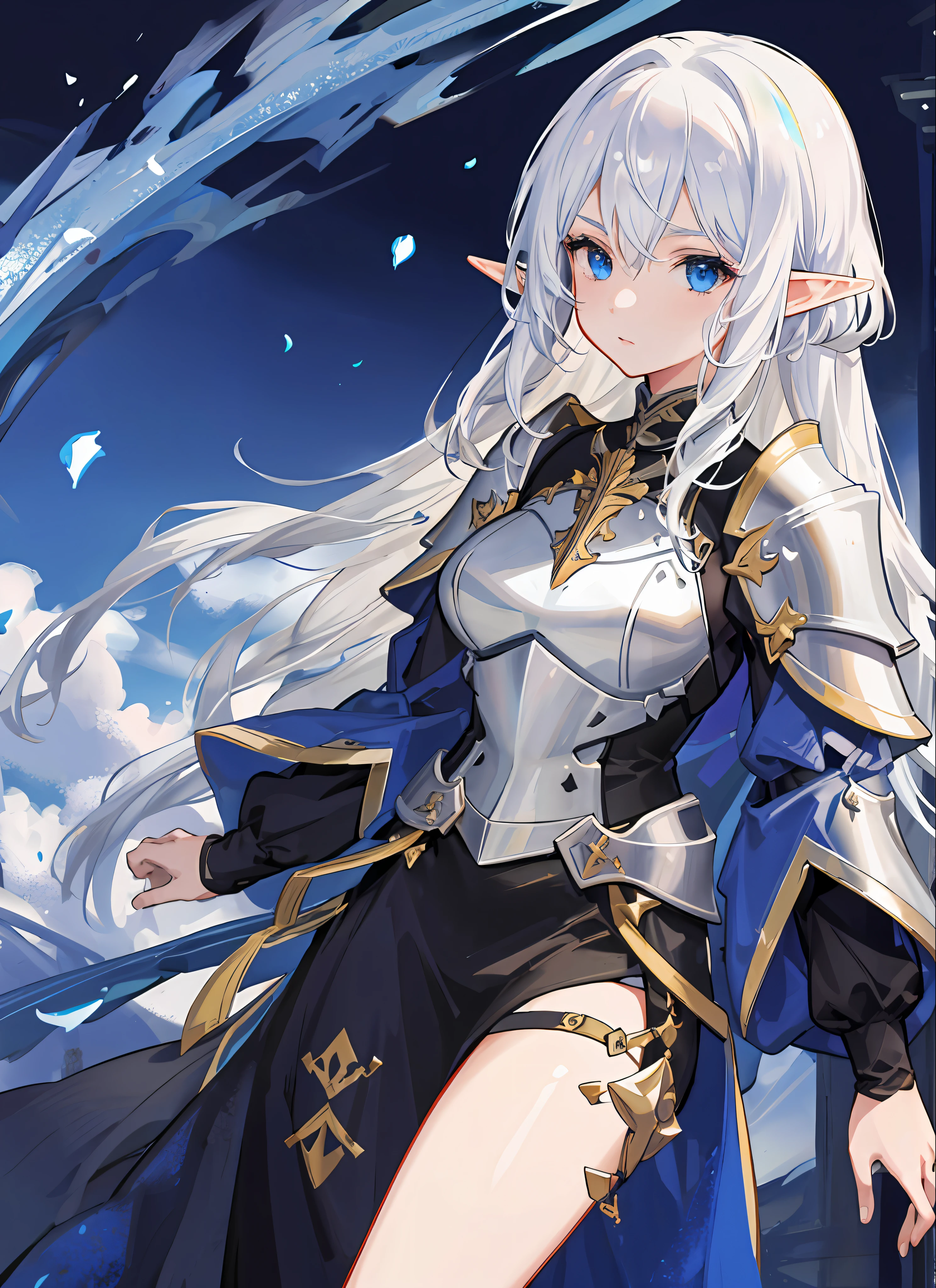 1girl, elf, knight, paladin, armor, half body, fresh, stand, white hair,