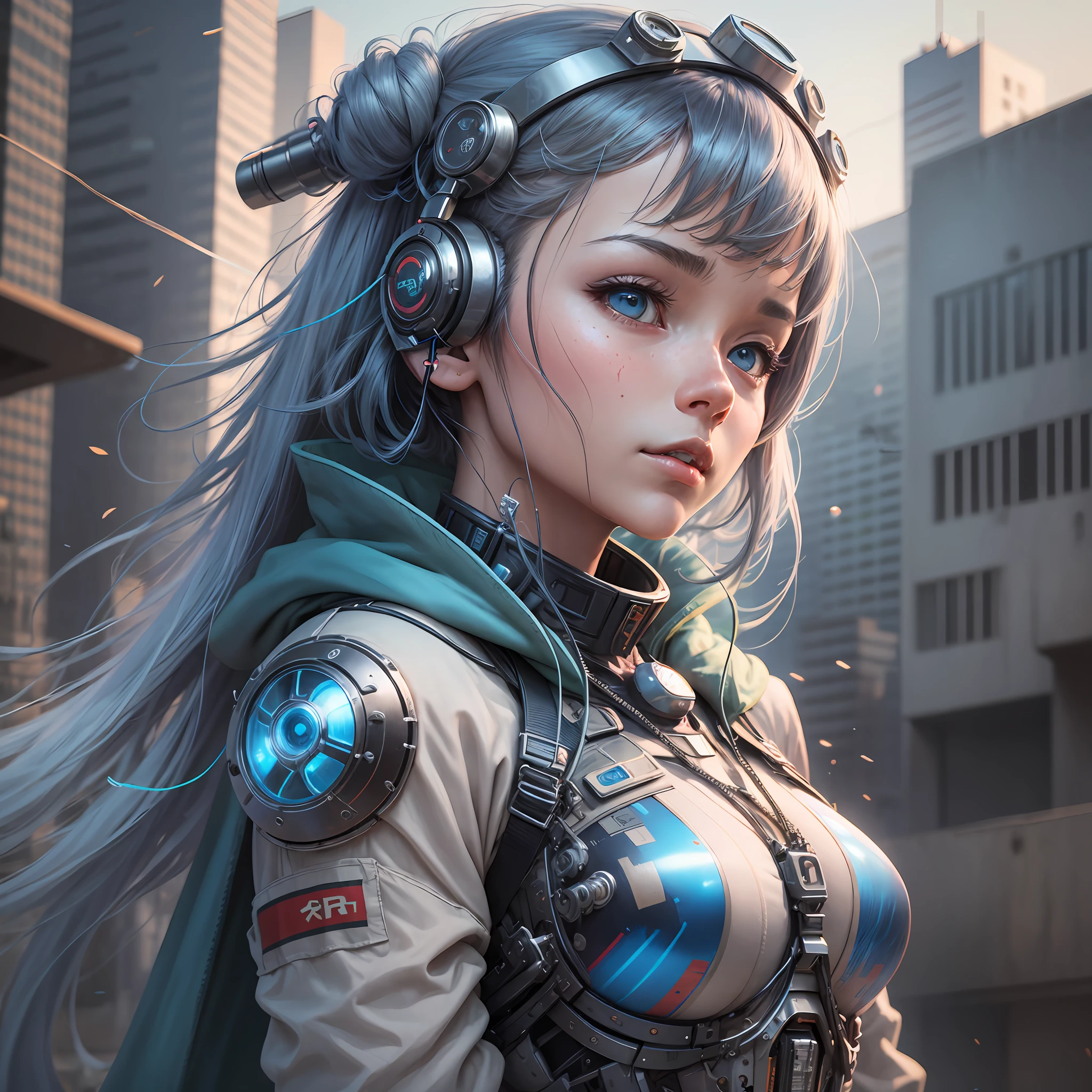 a woman with a robot head and many wires on her head, cyborg - girl, by Kanō Naizen, hajime sorayama designed girl, anime robotic mixed with organic, portrait of a mechanical girl, art of katsuhiro otomo, cyborg girl, artist katsuhiro otomo, by Masamune Shirow, mechanical Cyborg, Science Fiction, Cities, Rendered in Octane, hyper realistic, 8k, epic composition, cinematic, octane render, artstation landscape vista photography,Hiroshi Yoshida,moody lighting rendered by octane engine,characters 8K symmetrical arstation, cape,cinematic lighting, intricate details, 8k detail post processing, hyperealistic,ar 2:3 Reality Reality --auto --v6 --s2