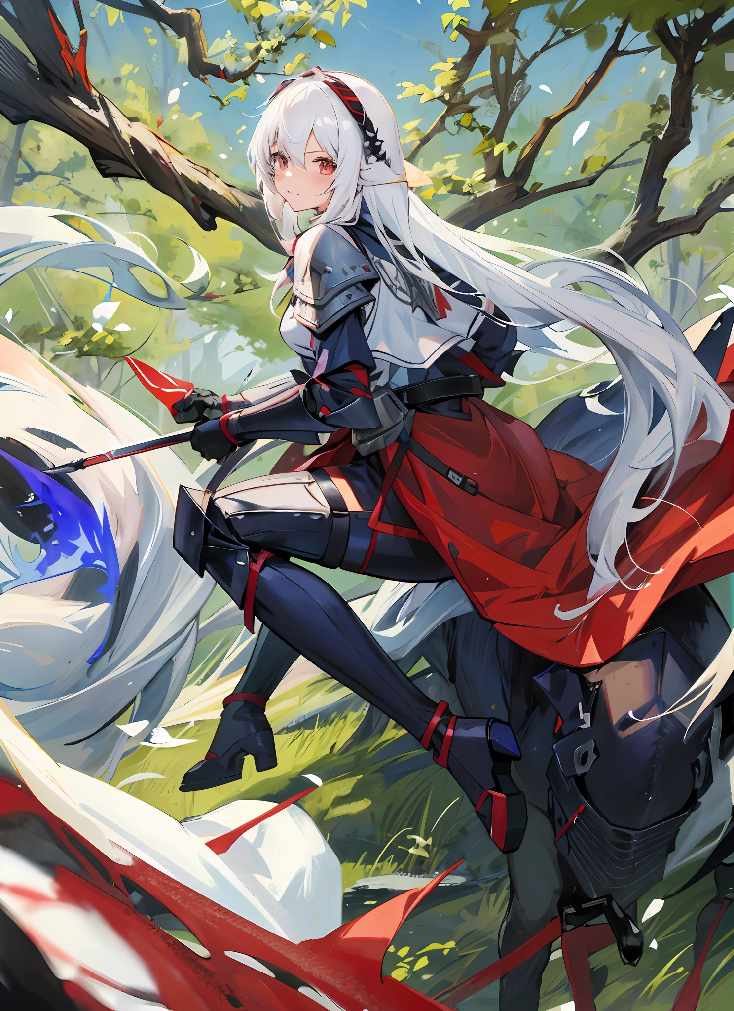 anime girl with long white hair riding a horse in a field, from arknights, anime art wallpaper 4 k, anime art wallpaper 4k, zerochan art, anime art wallpaper 8 k, trending on artstation pixiv, anime fantasy artwork, beautiful anime artwork, best anime 4k konachan wallpaper, high quality anime art, armor girl, beautiful fantasy anime