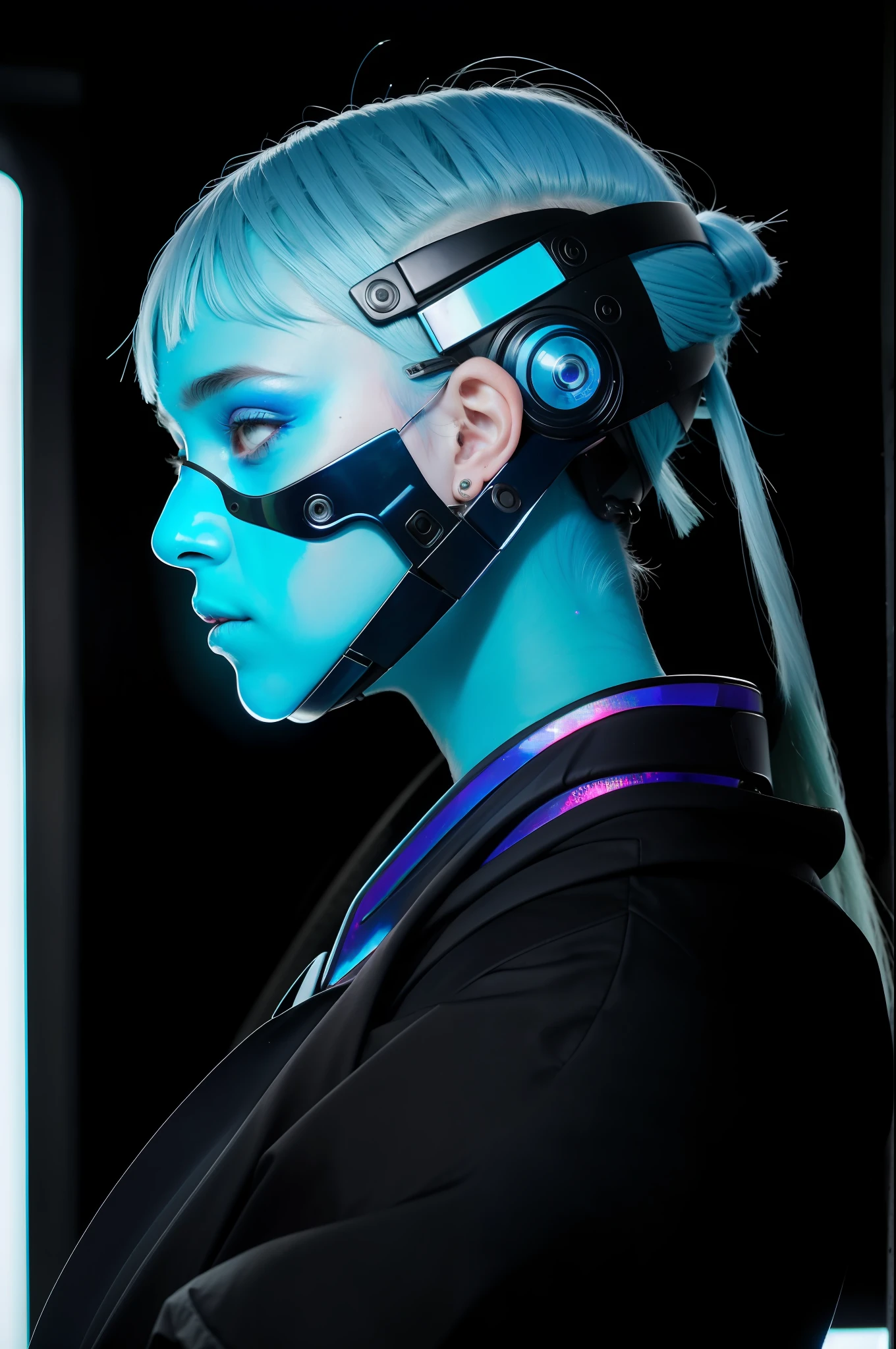 ((wide-angle)) RAW photo of a French girl ((girl)), futobot, mouth mask, (cyborg), (shimmering blue hair, blue eyebrow), bright hair, (iridescent blue hair), earrings, bangs, mask, tattoos, walking in public, ((night)), bokeh, neon light, ((iridescent eyes)), looking at the viewer, 1girl crop top, profile