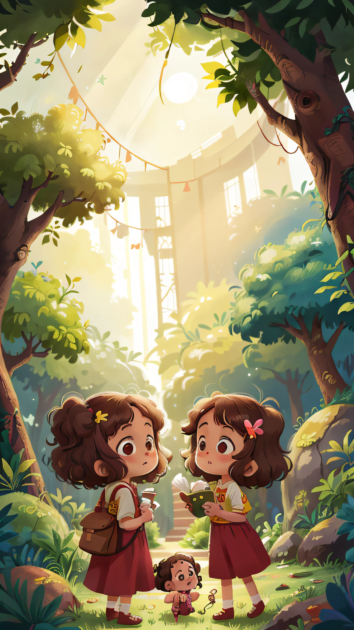 Two girls, twins, curly brown hair, at the zoo