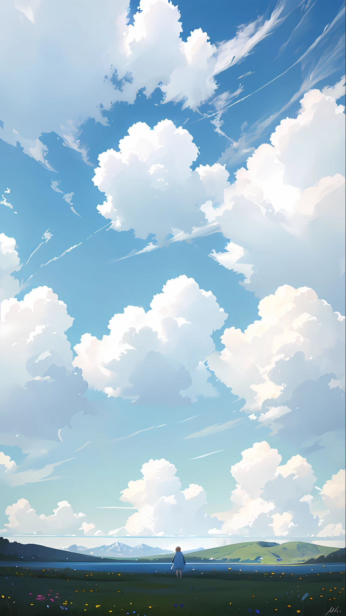 Summer, meadows, a few small flowers, clear lakes, sheep, heaven, large clouds, blue sky, hot weather, HD detail, hyper-detail, cinematic, surrealism, soft light, deep field focus bokeh, distant vistas are snowy mountains, ray tracing, and surrealism. --v6