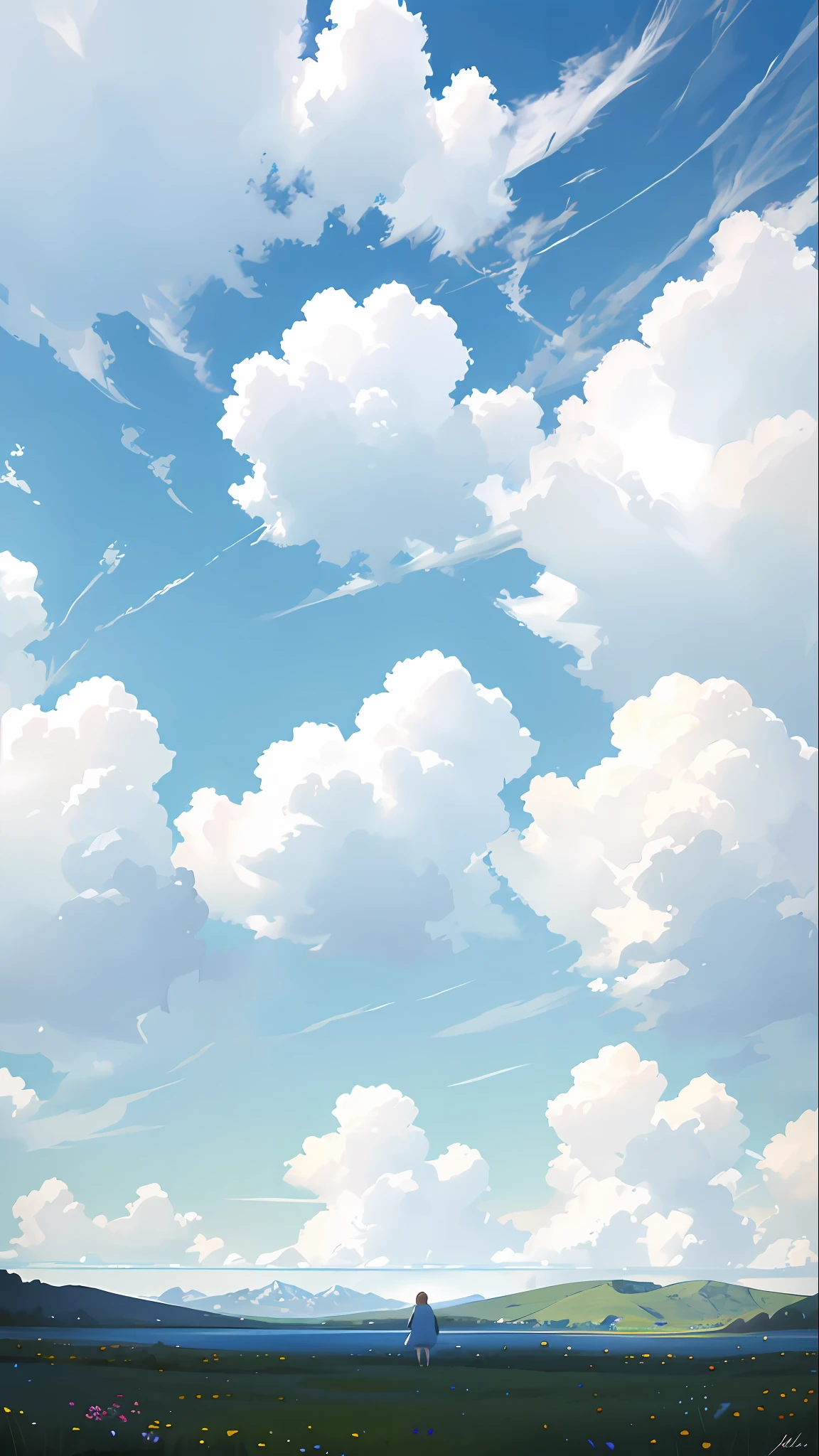 Summer, meadows, a few small flowers, clear lakes, sheep, heaven, large clouds, blue sky, hot weather, HD detail, hyper-detail, cinematic, surrealism, soft light, deep field focus bokeh, distant vistas are snowy mountains, ray tracing, and surrealism. --v6