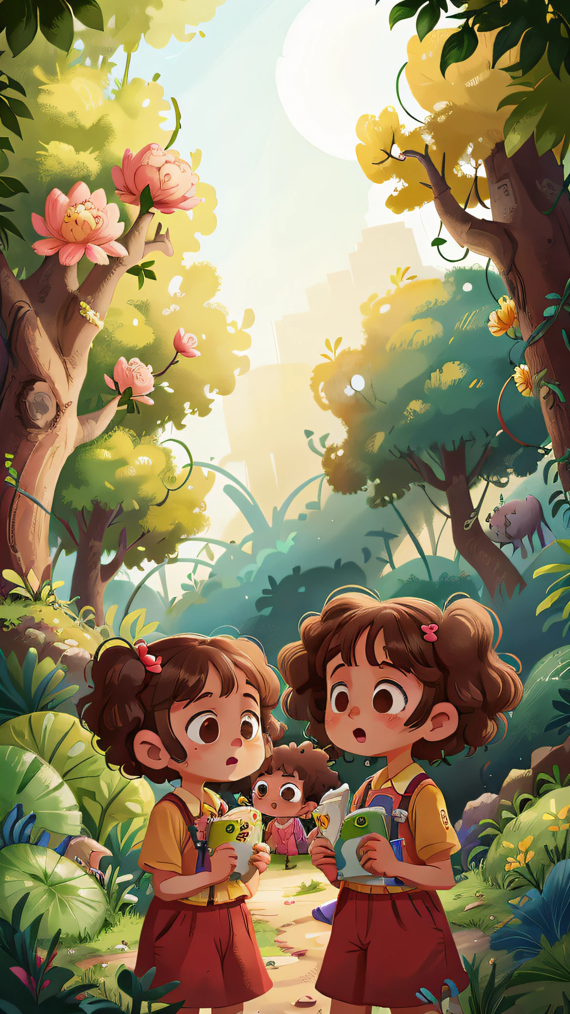 Two girls, twins, curly brown hair, at the zoo