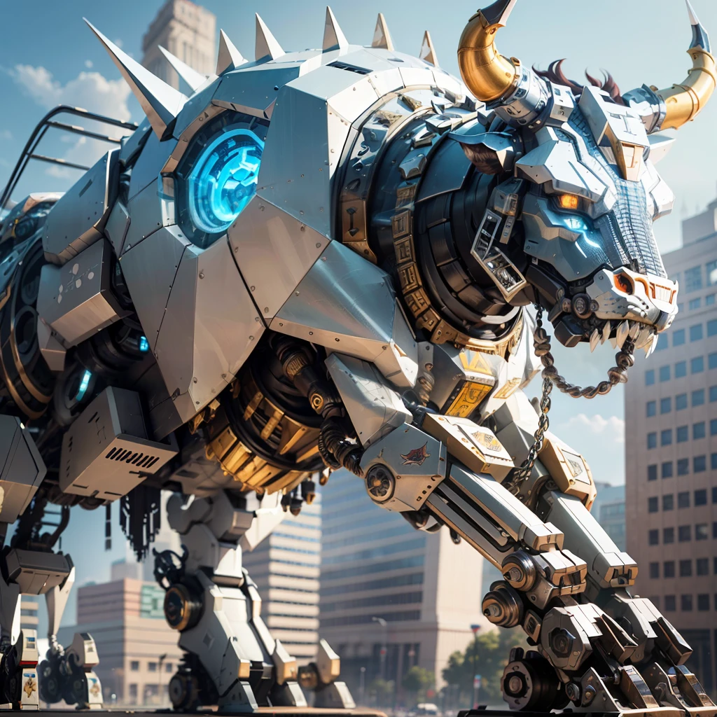 there is a sculpture of a bull made of metal, made of many pieces of metal, made of mechanical parts, which resembles a bull\'s, chrome metal art, bull, chrome metal sculpture, a dragon made of machine parts, made of wax and metal, animal mecha, robot made of jet parts,   hyper bullish 4k --auto --s2