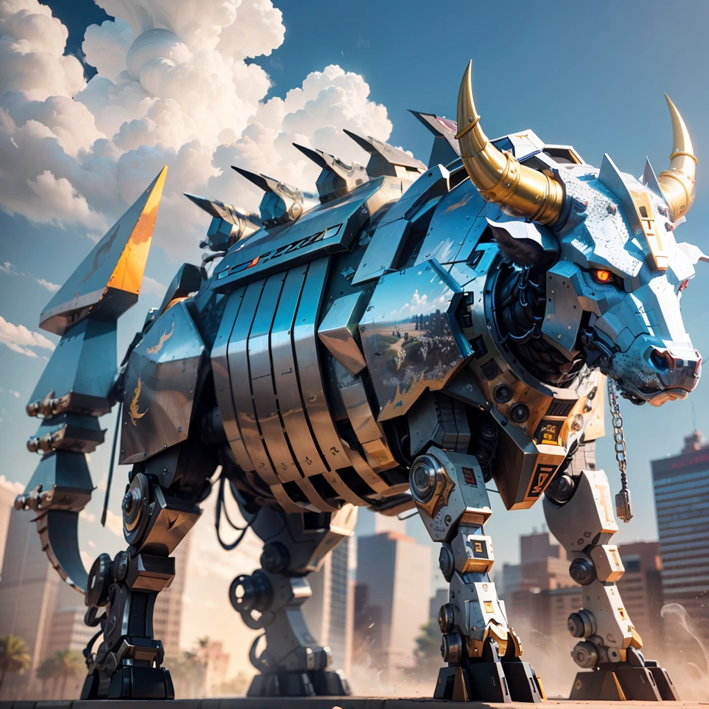 there is a sculpture of a bull made of metal, made of many pieces of metal, made of mechanical parts, which resembles a bull\'s, chrome metal art, bull, chrome metal sculpture, a dragon made of machine parts, made of wax and metal, animal mecha, robot made of jet parts,   hyper bullish 4k --auto --s2