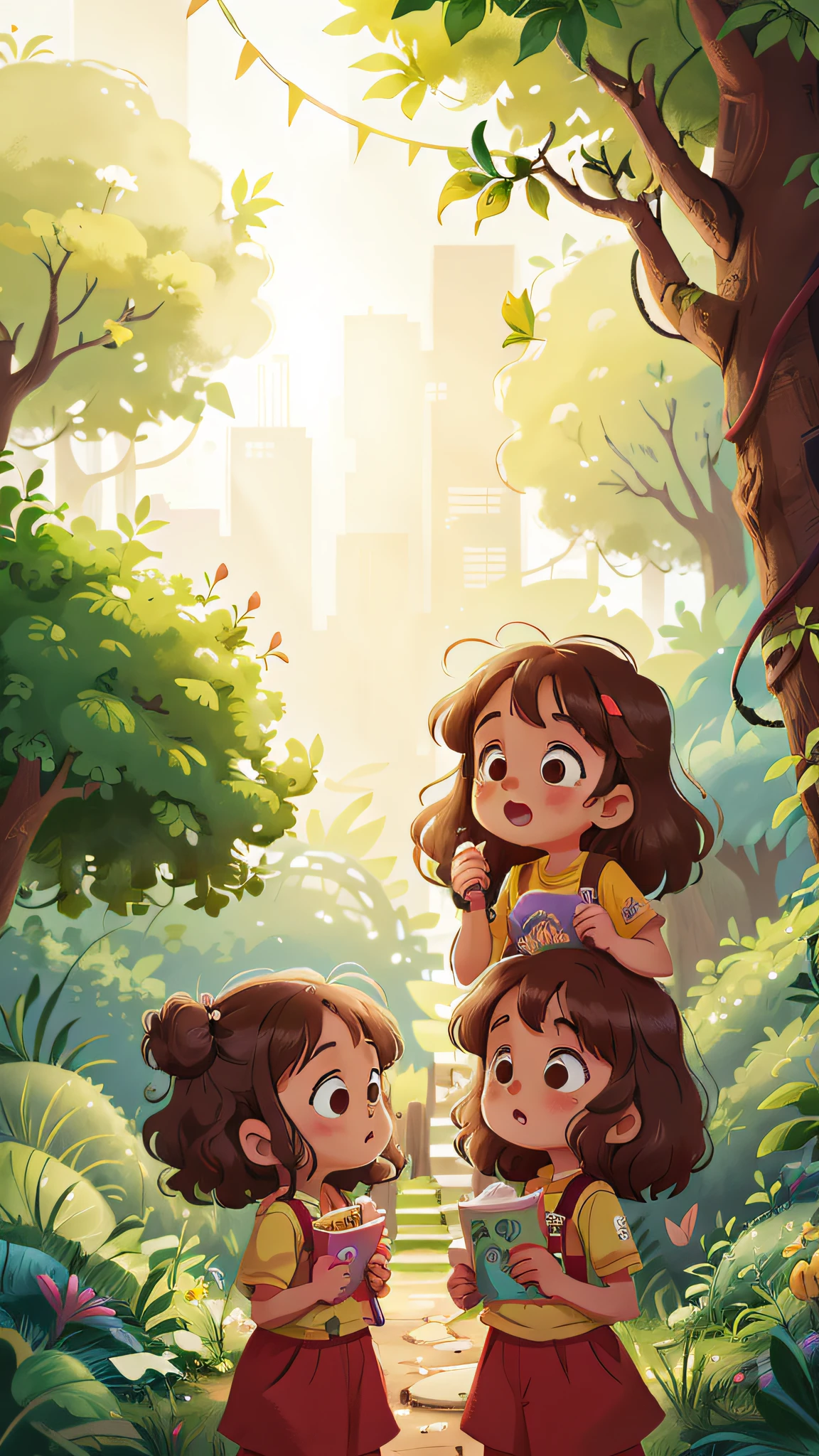 Two girls, twins, curly brown hair, at the zoo