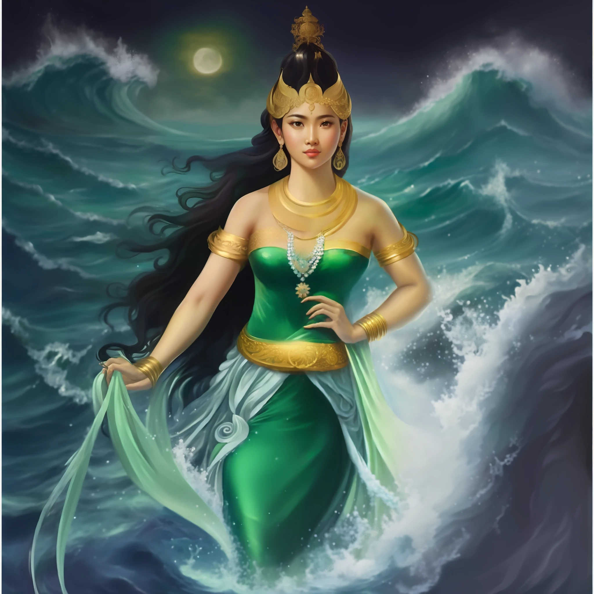 painting of a woman in a green dress standing in the ocean, queen of the sea mu yanling, goddess of the ocean, goddess of the sea, earth goddess mythology, goddess of love and peace, a stunning portrait of a goddess, indian goddess of wealth, javanese mythology, goddess art, beautiful goddess, goddess of greek mythology, goddess of nature