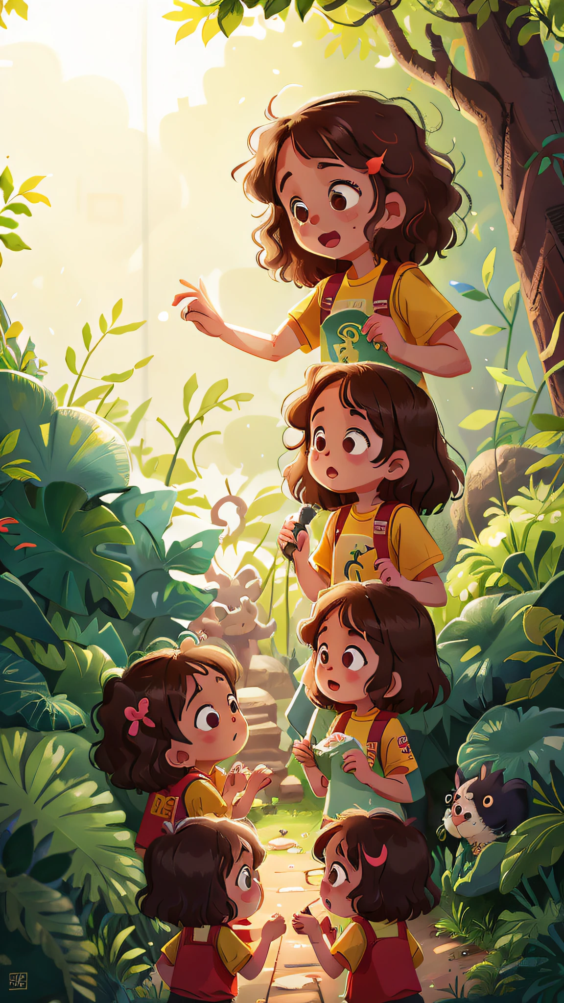 Two girls, twins, curly brown hair, at the zoo