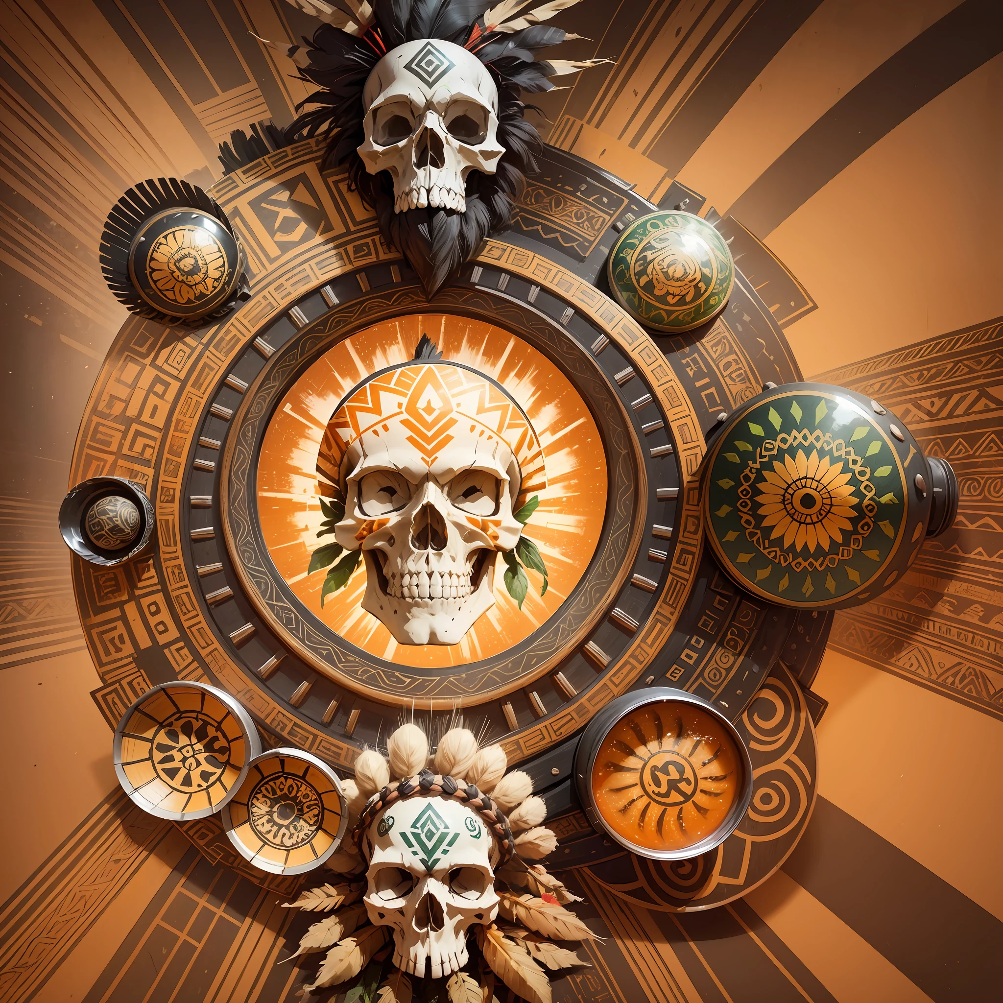 Create a vibrant and imaginative image of an "IPA Tribal Skull." The image should feature a stylized skull in the center, with tribal features and bright colors. The skull should be adorned with elements representing India Pale Ale (IPA) and indigenous culture.
On top of the skull, grow lush hop vines, with verdant cones blooming. This symbolizes the bitterness and the citrus and floral aromas characteristic of hops in beer.
Around the skull, draw interwoven tribal traits, evoking indigenous culture. These traits should flow harmoniously, representing tradition and connection with nature.
At the bottom of the skull, draw a golden river of flowing malt, symbolizing the malted base that gives body and balance to the IPA. Malt should be represented fluidly, creating a contrast with tribal traits.
In the background of the image, paint an orange and golden sky, representing a blazing sunset. This will provide an energetic and passionate atmosphere to the image.
In addition to the central skull, include additional elements such as a skull wearing a Native American headdress with ears of wheat, another with an Aztec-style hop crown, and a third with an ornate headdress with colonnade. These elements represent the diversity of indigenous cultures and their connection to the IPA.
The image should be colorful and detailed, with special attention to tribal patterns, the textures of hop vines, and the fluidity of the malt river. Convey a sense of energy, passion and respect for indigenous culture and IPA beer through visual composition. --auto --s2