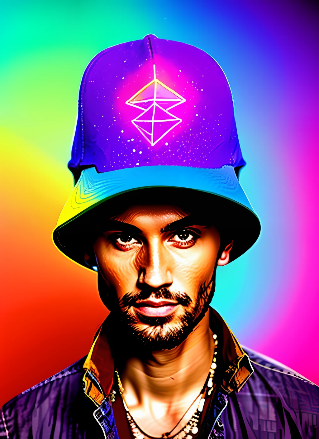 A vintage boho street artist, wearing a glittering neon cybernetic hat, adorning himself with ephemeral watercolor tattoos, painting intricate street murals on a weathered brick wall adorned with a mosaic of multicolored 🌈 spray cans, amid an ethereal haze of graffiti-tinged urban dreams--air 3:2