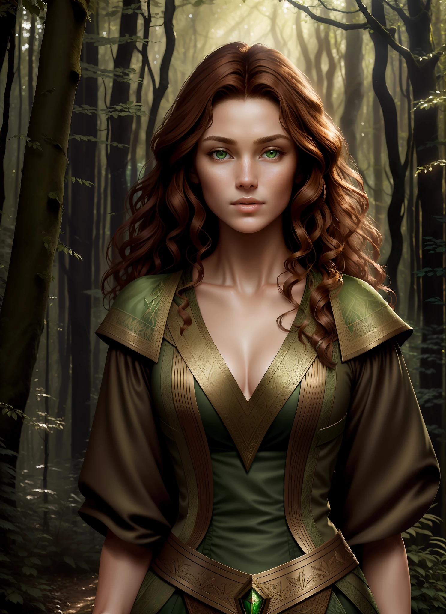 masterpiece portrait face photo of a beautiful young woman with bronzed skin, green eyes, medium curly reddish brown hair, as an elegant elven ranger, in a fantasy forest, (masterpiece) (best quality) (detailed) (8k) (HDR) (wallpaper) (cinematic lighting) (sharp focus) (intricate), Style-Sylvamagic
