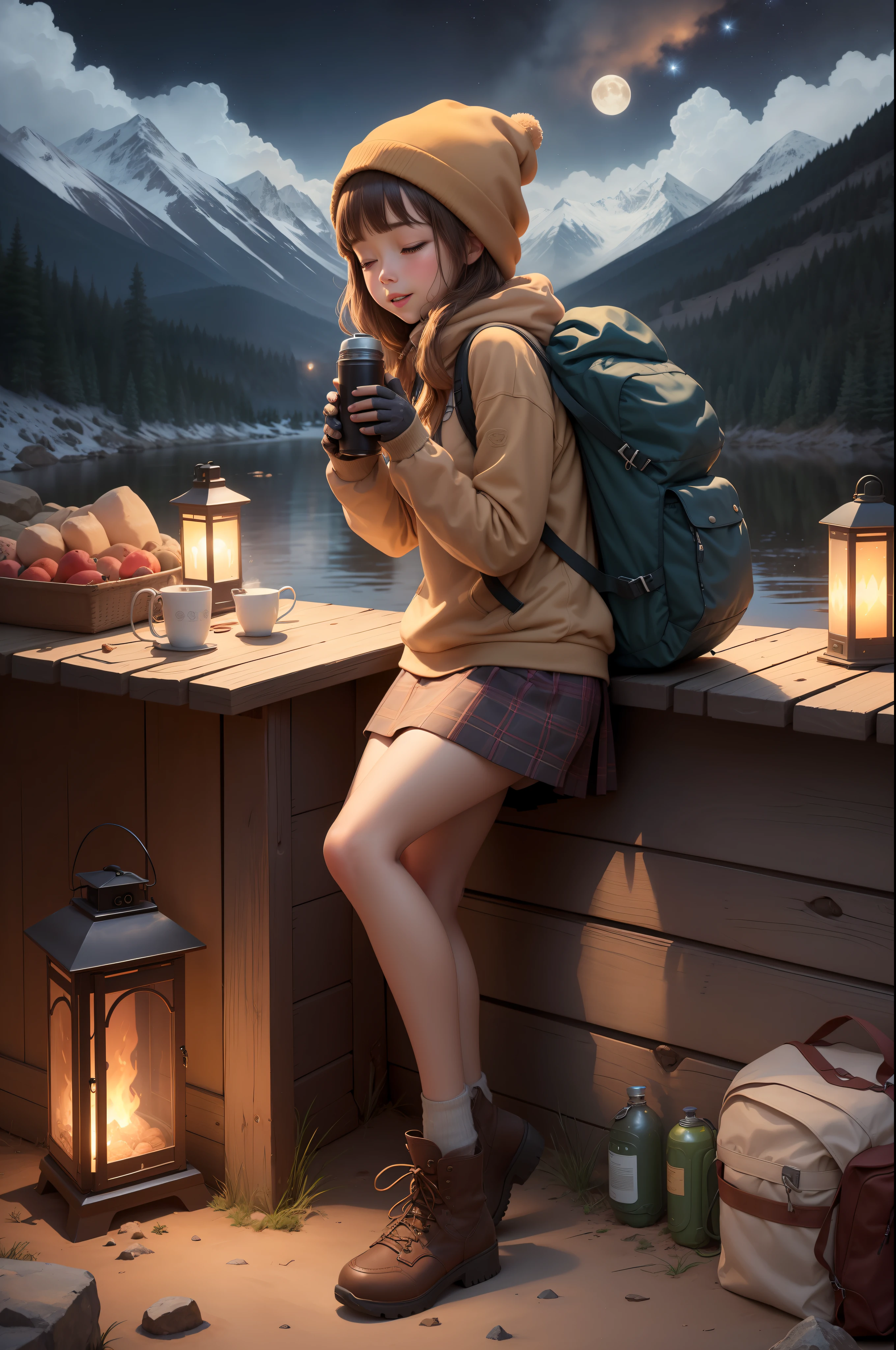 1 woman ((whole body abaichada, happy)), masterpiece, best quality, ultra-detailed, solo, outdoor, (night), mountains, nature, (stars, moon) cheerful, happy, backpack, sleeping bag, camping stove, water bottle, mountain boots, gloves, sweater, hat, lantern, forest, stones, river, wood, smoke, shadows, contrast, clear sky, style, (warm hue, warm tone: 1,2), close-up, cinematic light,  side lighting, ultra high resolution, best shade, RAW, short skirt, wearing pullover