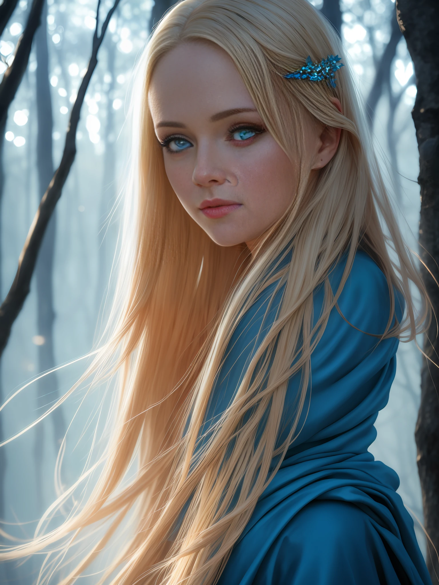 epic closeup photo portrait, amazing movie poster, A beautiful young woman, , blue eyes, blond hair, fairy, lord of the rings style, dressed in long brightnes blue smooth cloth, by side a stream, natural light, a beautiful forest is visible through the branches, trending on artstation, professional photo studio, uhd, hi detailing, dramatic lighting, back light, best quality, high quality, highres, morning dew natural day lighting, studio lighting, detail enhancement, high resolution fix, depth of field, film, lineart, sharpen.