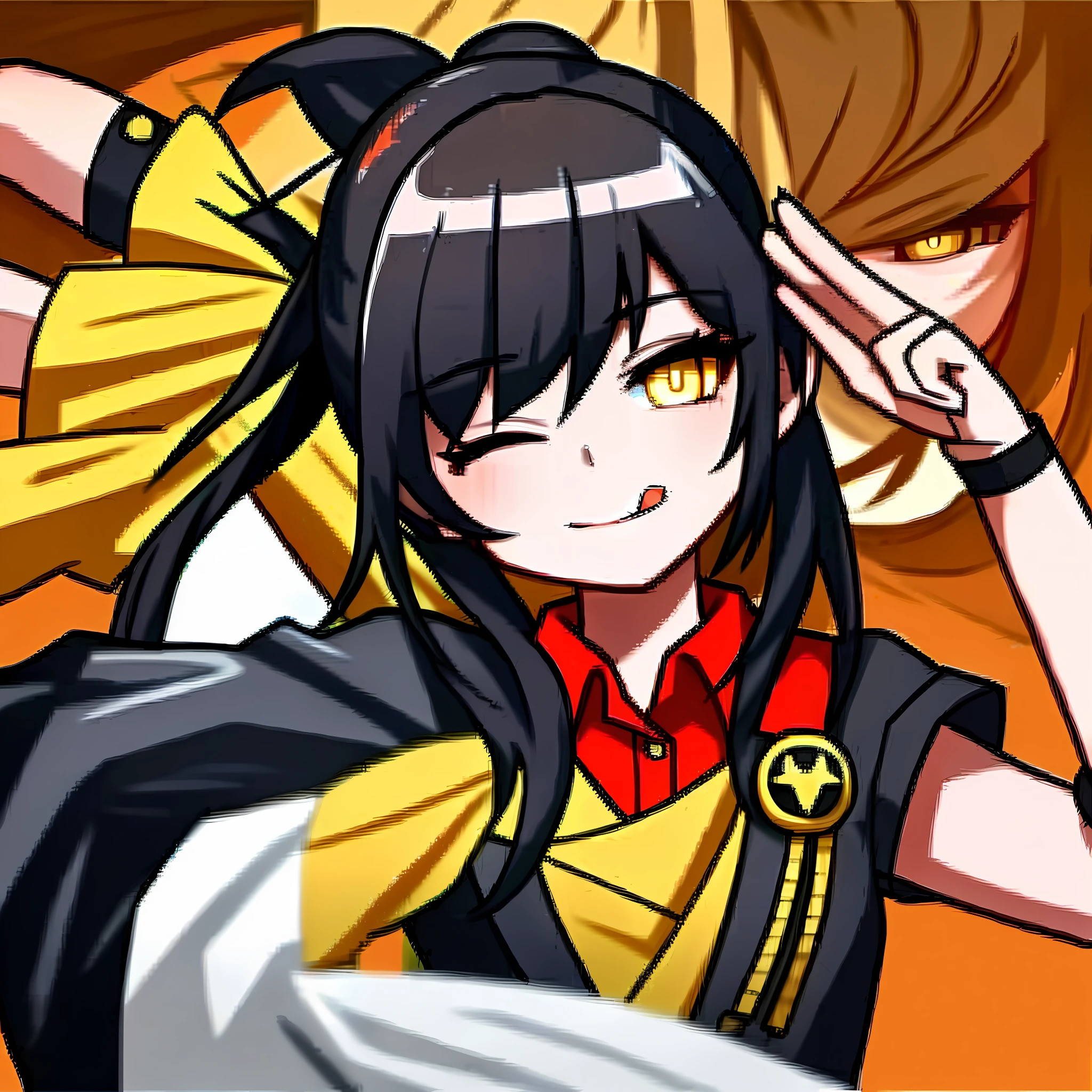 looking at viewer, smile, simple background, one eye closed, tongue, tongue out, close-up, salute, two-finger salute, (masterpiece, best quality:1) girl, black hair, ponytail, yellow eyes, black jacket, red shirt
