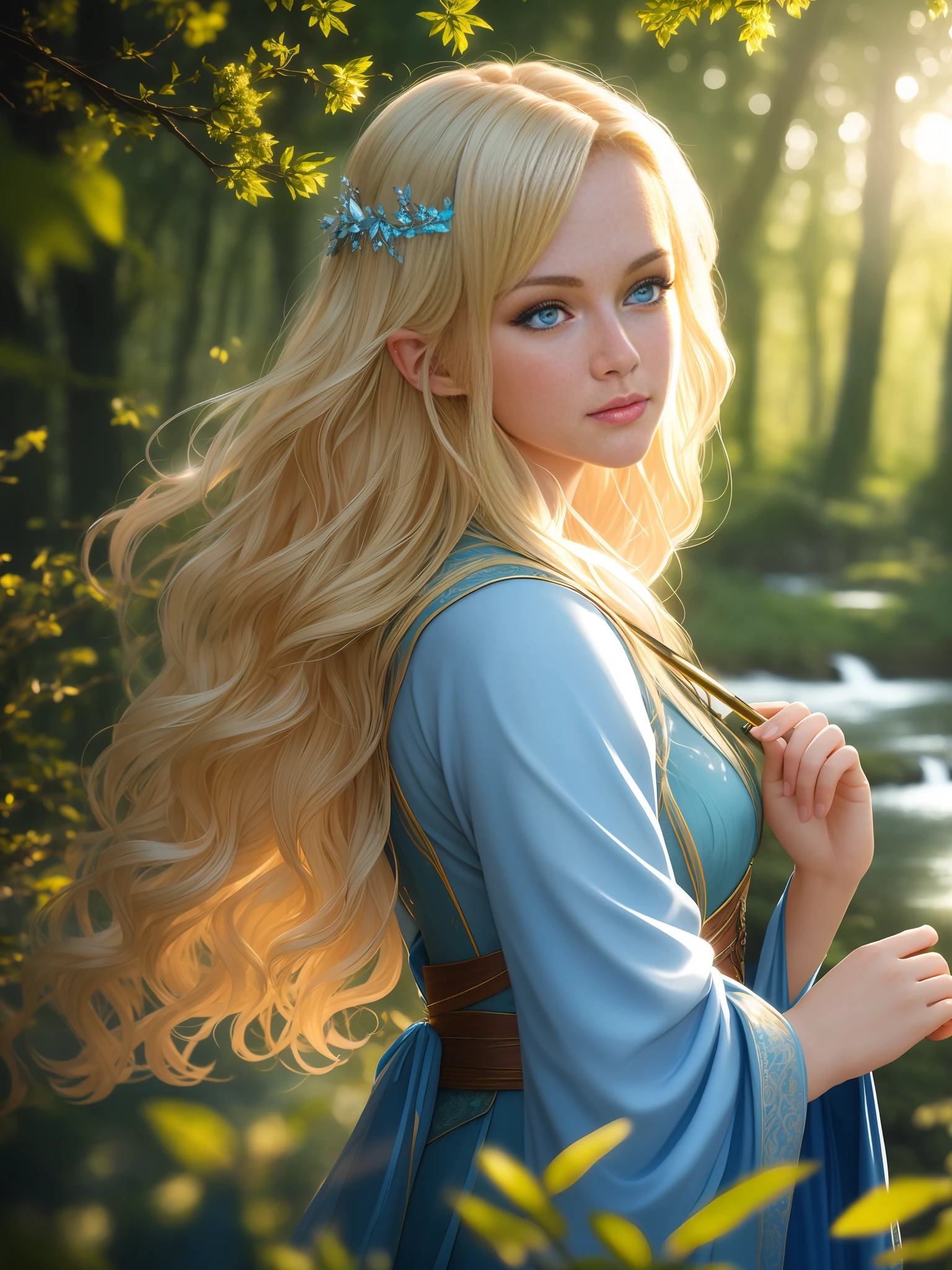 epic closeup photo portrait, amazing movie poster, A beautiful girl, teen, blue eyes, blond medium hair, fairy, lord of the rings style, dressed in long brightnes blue smooth cloth, by side a stream, natural light, a beautiful forest is visible through the branches, trending on artstation, professional photo studio, uhd, hi detailing, dramatic lighting, back light, best quality, high quality, highres, morning dew natural day lighting, studio lighting, detail enhancement, high resolution fix, depth of field, film, lineart, sharpen.