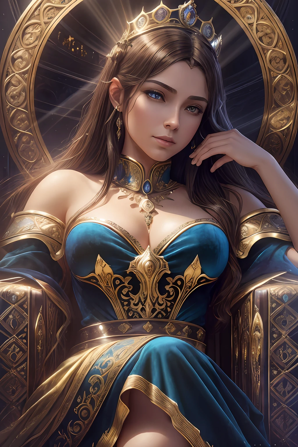 best quality,masterpiece, detailed,intricate details,photorealistic, cinematic lighting,(fantasy art:1.6), (seiza:1.1), (frontal:1.2), upright,royal, majestic, queen, empress,(Huge and magnificent seats:1.4), crown, Frontal close-up solemnity, throne, upright posture, seriousness, dignity, gaze fixed forward, contemplation, weighty matter, scepter, jewels, solo,medieval castle, velvet carpet, god rays,1 woman,