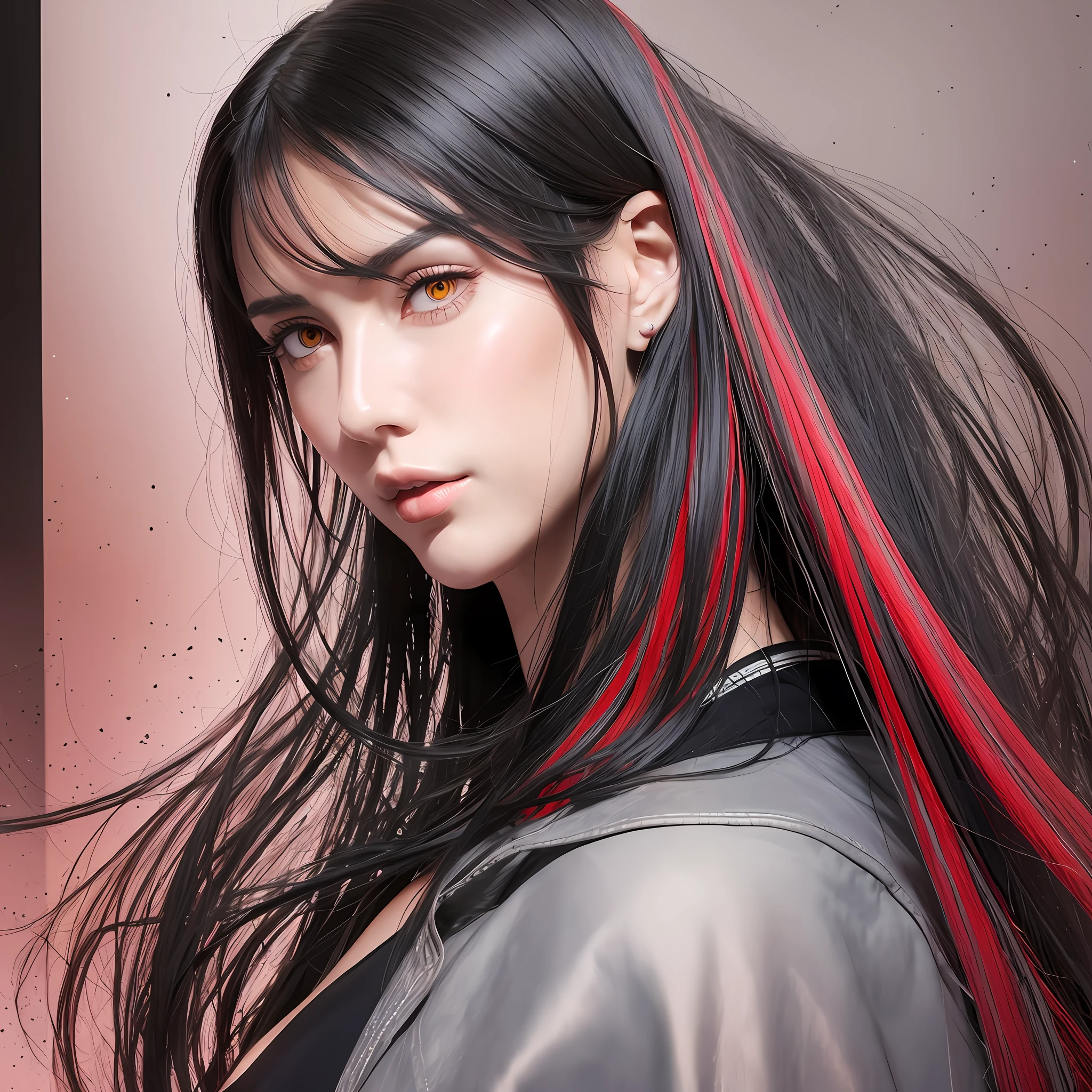 Beautiful tall woman with black hair and red eyes super realistic and well detailed