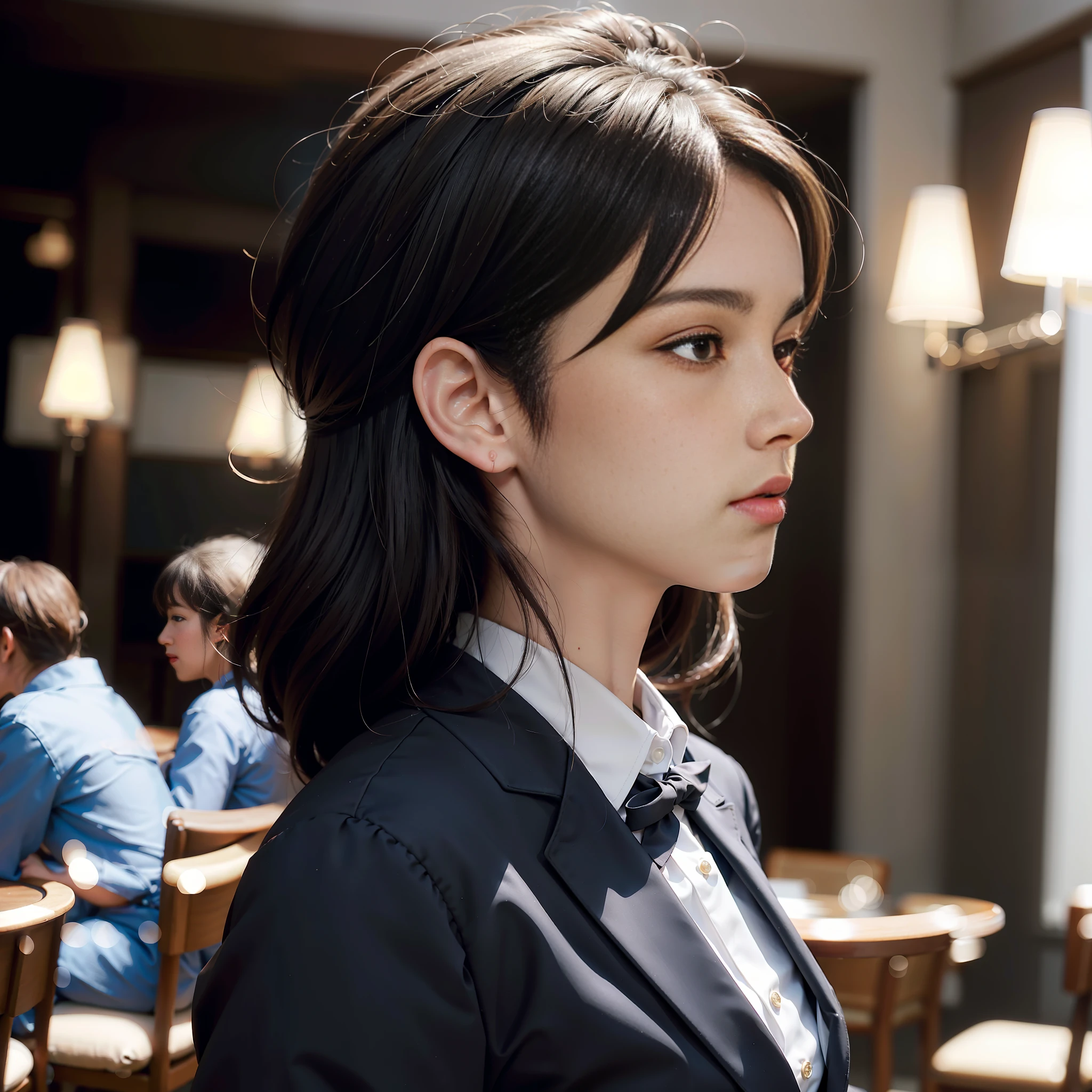 Depicting the delicate professional image of a beautiful waitress, wearing a uniform to highlight the confidence of the profession, looking at the camera idly sideways, as if waiting for the next guest.