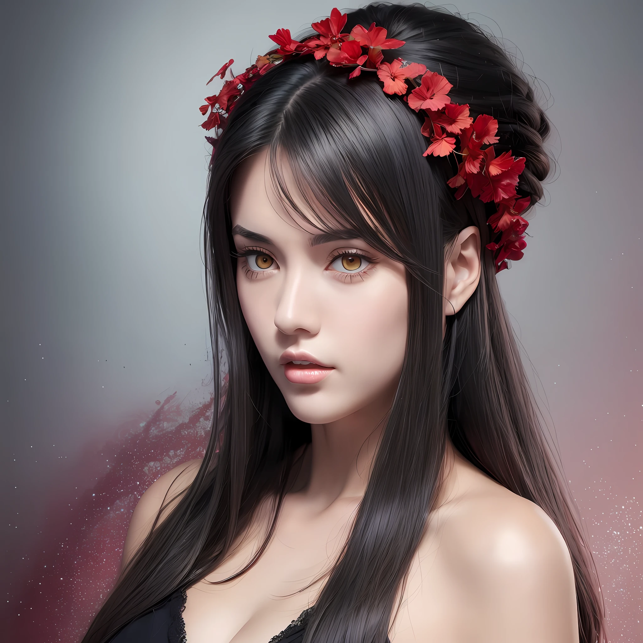Beautiful tall woman with black hair and red eyes super realistic and well detailed