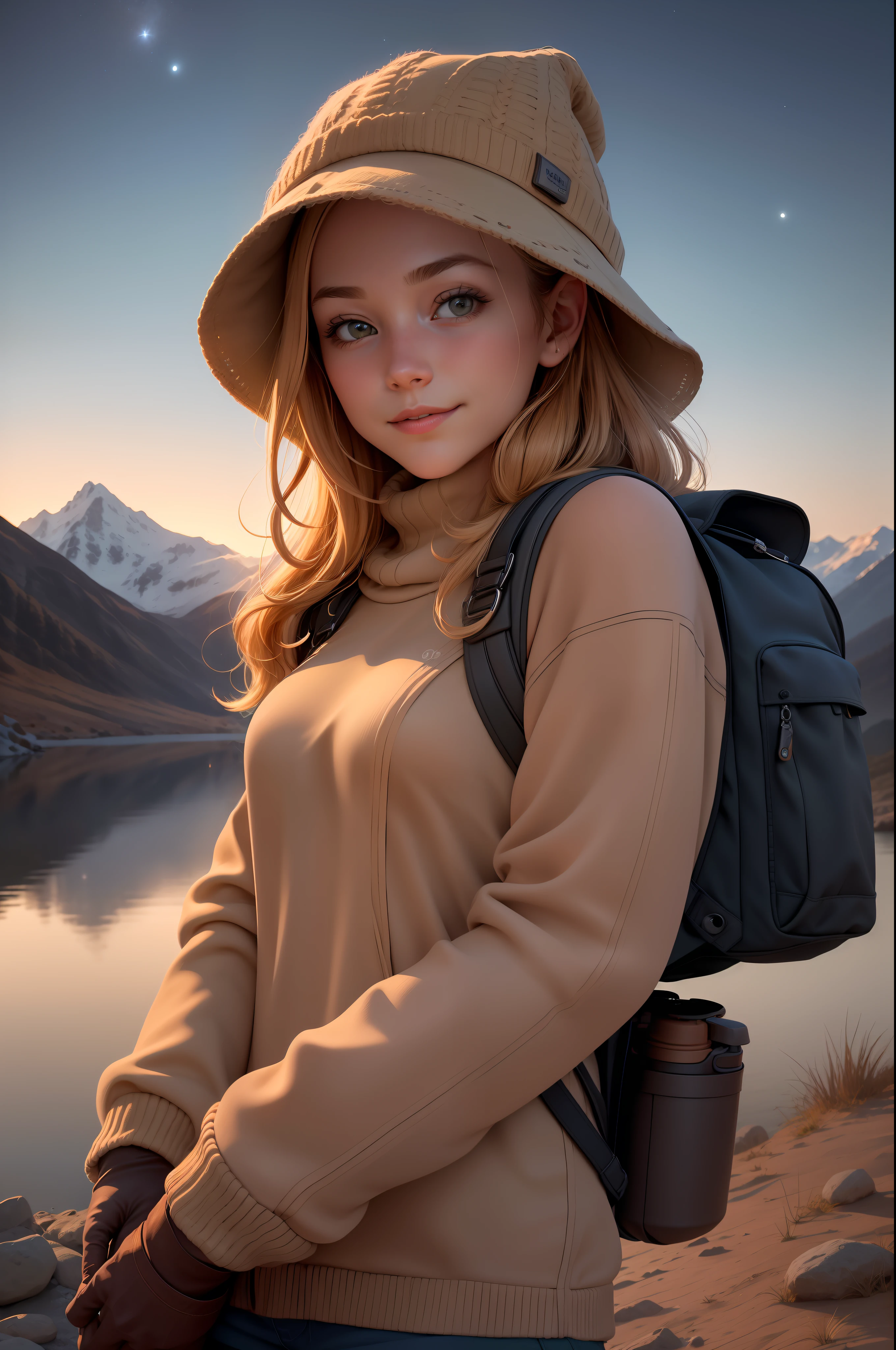1 woman ((upper body selfie, happy)), masterpiece, best quality, ultra-detailed, solo, outdoors, (night), mountains, nature, (stars, moon) cheerful, happy, backpack, sleeping bag, camping stove, water bottle, mountain boots, gloves, sweater, hat, flashlight, forest, rocks, river, wood, smoke, shadows, contrast, clear sky, analog style (look at viewer:1.2) (skin texture) (film grain:1.3), (warm hue, warm tone:1.2), close up, cinematic light, sidelighting, ultra high res, best shadow, RAW, upper body, wearing pullover