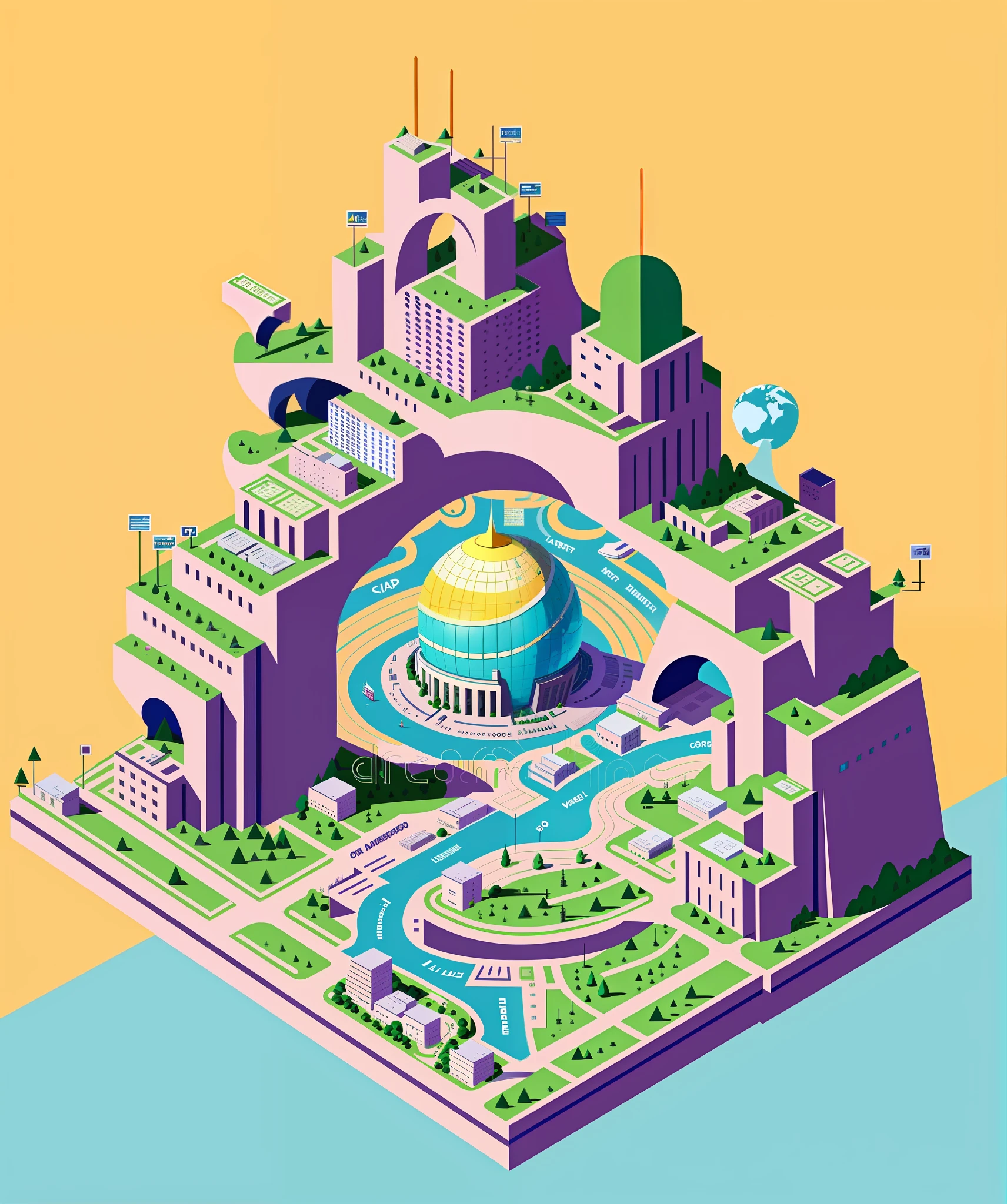 a drawing of a city with a large sphere in the middle, planetary city, world building, isometric illustration, whole page illustration, commercial illustration, vignette illustration, detailed 2d illustration, concept illustration, gloomcore illustration, isometric invironment, highly-detailed illustration, anime city lineart, isometric projection, three - point perspective