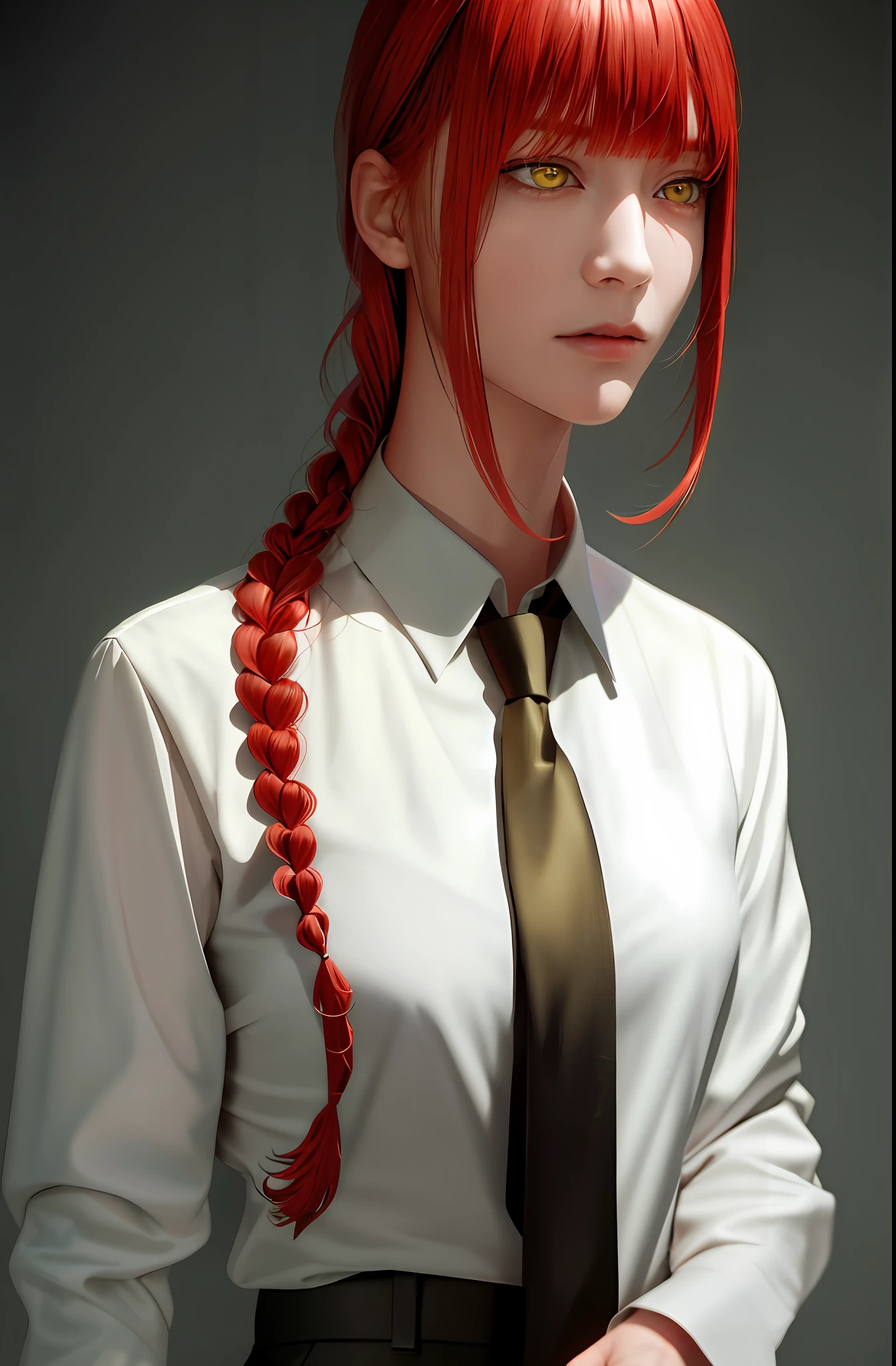 Masterpiece, (Realistic:1.4), Best Quality, Beautiful Lighting, (Erchan-6500:0.5), Makima\(Chainsawman\), (Red Hair)+(Long Braids)+(Bangs), Yellow Eyes, Golden Eyes, ((Closed Eyes)), (White Shirt), (Tie), RAW Photo, 8k UHD, Film Grain Scott