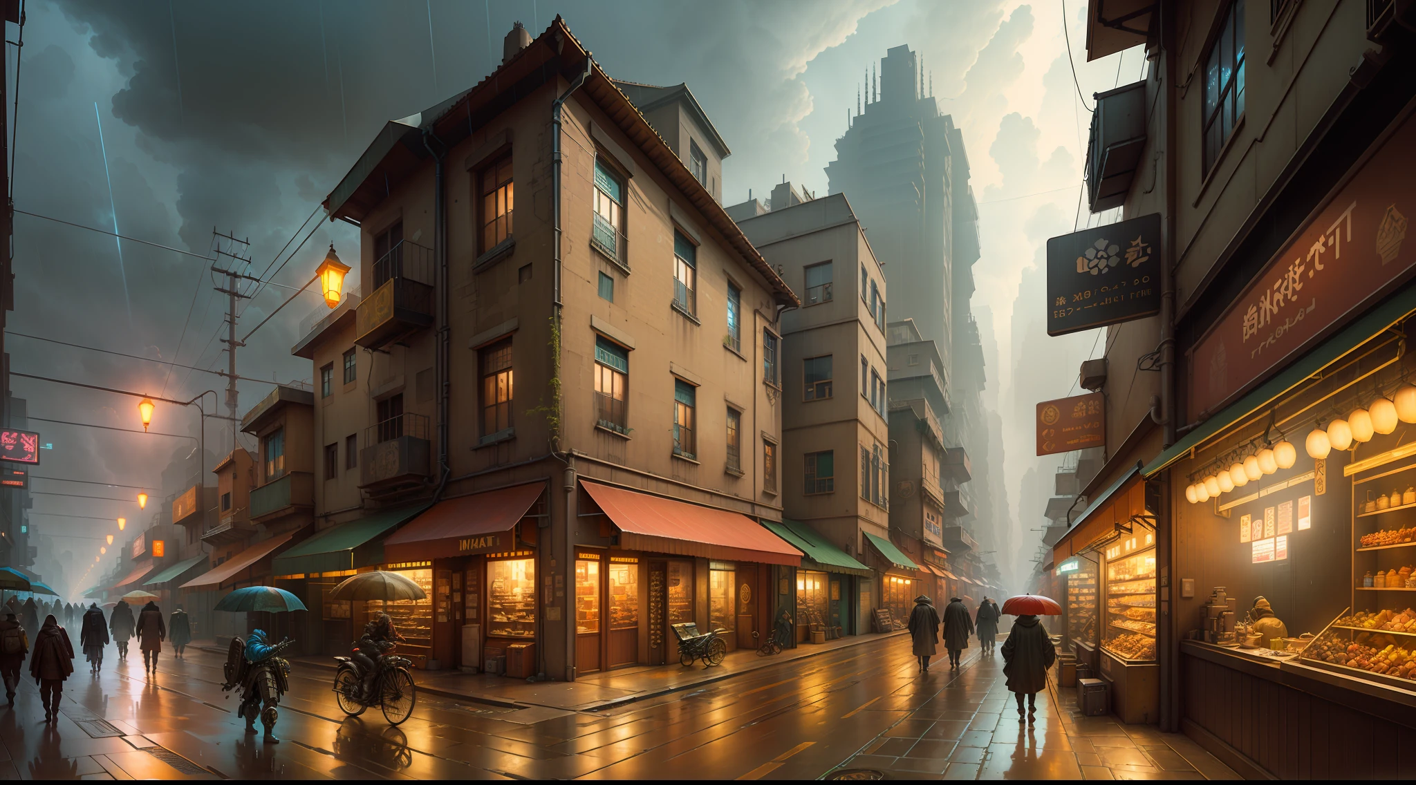 ((masterpiece)), (best quality), (high detial), ((realistic,)) Industrial Age City, Cyberpunk style, soft light, sci-fi and fantasy, deep valley in between, building street, bazaar, rainy day, steampunk, European architecture