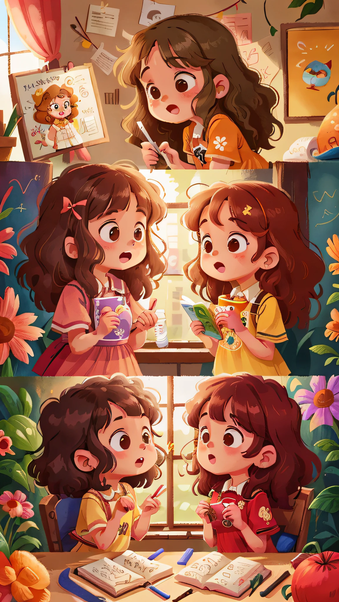 Two girls, twins, curly brown hair, in the museum