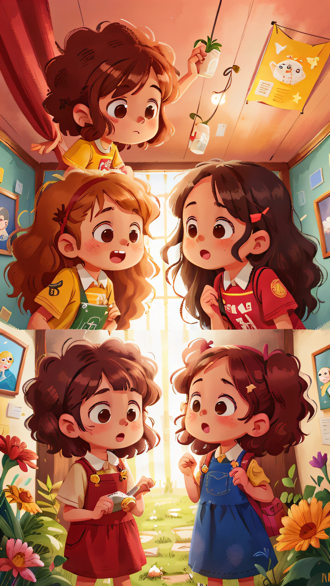 Two girls, twins, curly brown hair, in the museum