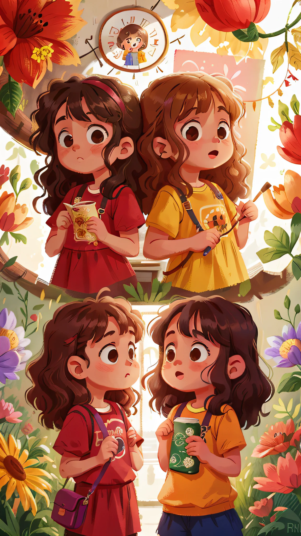 Two girls, twins, curly brown hair, in the museum