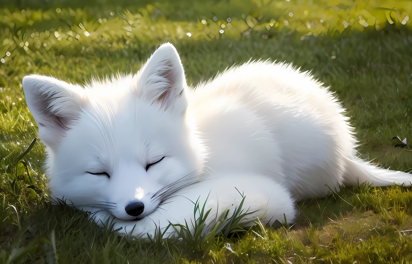 On the grass sleeps a white fox animal, with big ears, fluffy