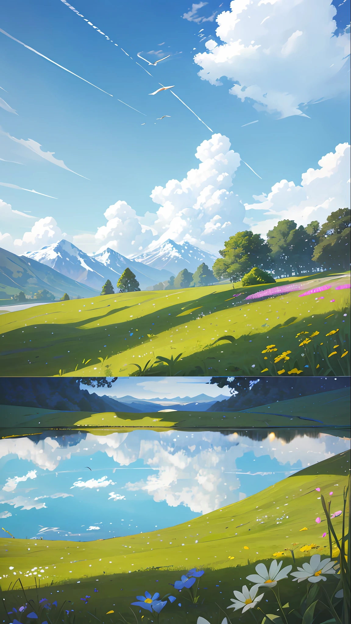 Summer, meadows, a few small flowers, clear lakes, sheep, heaven, large clouds, blue sky, hot weather, HD detail, hyper-detail, cinematic, surrealism, soft light, deep field focus bokeh, distant vistas are snowy mountains, ray tracing, and surrealism. --v6