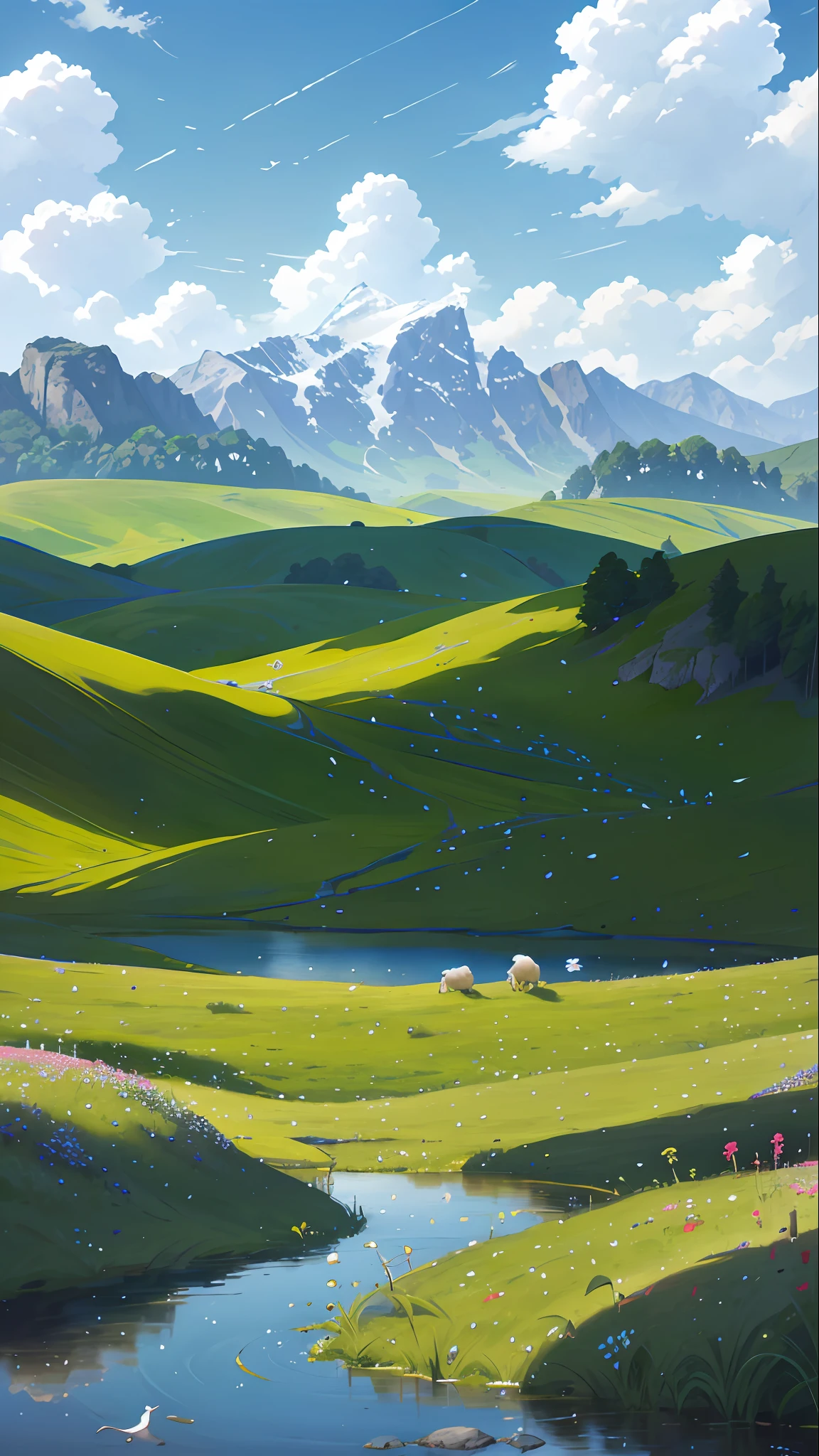Summer, meadows, a few small flowers, clear lakes, sheep, heaven, large clouds, blue sky, hot weather, HD detail, hyper-detail, cinematic, surrealism, soft light, deep field focus bokeh, distant vistas are snowy mountains, ray tracing, and surrealism. --v6