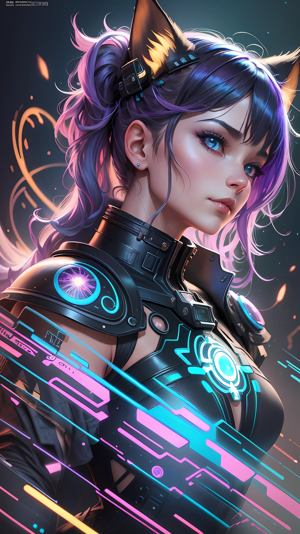 stunning photorealistic portrait photograph of a beautiful cyberpunk catgirl, multicolor shapeless cyberpunk hair, swishing tail, full body, baroque intricate cyber armor, hyperdetailed painting, luminism, Bar lighting, complex, 4k resolution concept art portrait by Greg Rutkowski, Artgerm, WLOP, Alphonse Mucha, little fusion, realistic fantasy, fractal isometrics details bioluminescence, beautiful awesome, 3d render, octane render, intricately detailed, cinematic, trending on artstation | Isometric | Centered hypereallistic cover photo awesome full color, hand drawn, dark, gritty, realistic mucha, klimt, 12k