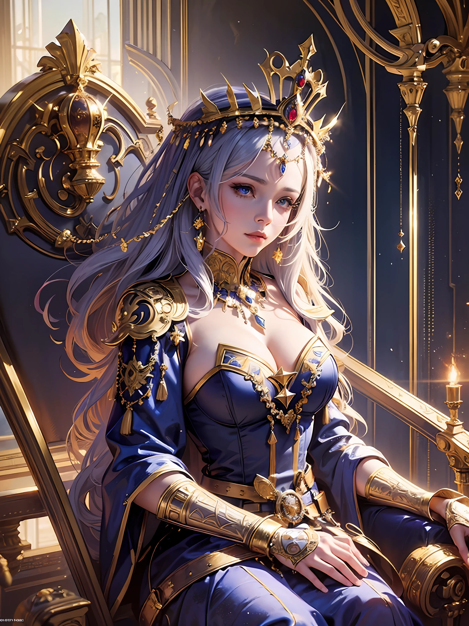 best quality,masterpiece, detailed,intricate details,photorealistic, cinematic lighting,(fantasy art:1.6), (seiza:1.1), (frontal:1.2), upright,royal, majestic, queen, empress,(Huge and magnificent seats:1.4), crown, Frontal close-up, solemnity, throne, upright posture, seriousness, dignity, gaze fixed forward, contemplation, weighty matter, scepter, jewels, solo,medieval castle, velvet carpet, god rays,1 woman,