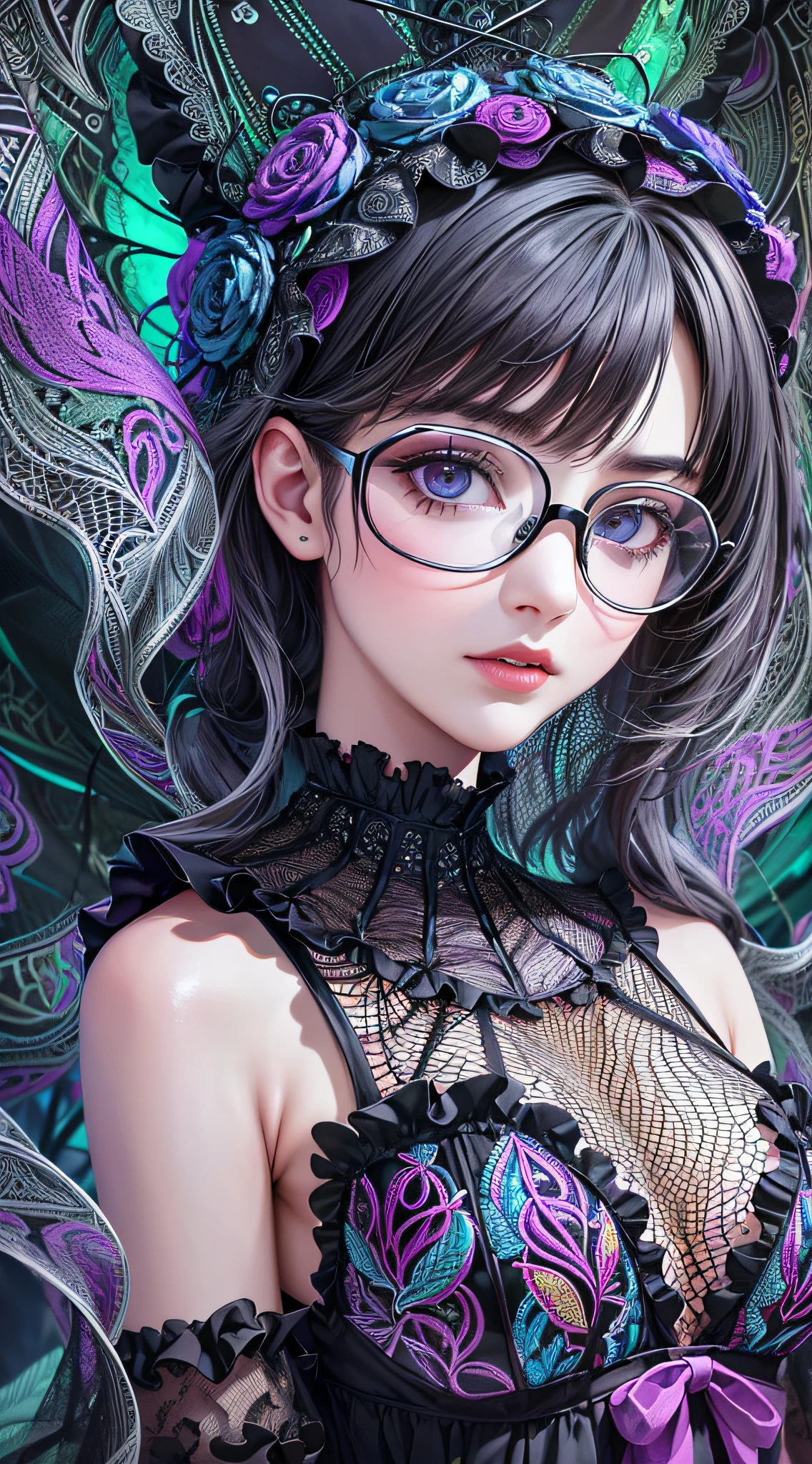 1girl with glasses, slender, masterpiece, best quality, absurdres, black angel wings, black hair, (black lace frills dress, geometric arabesque patterns, abstract zentangle background:1.4), bloom, glow, wide angle, dark silver ornaments, dynamic lighting, dramatic lighting, photorealistic, highres, detailed face and eyes, sharp pupils, realistic pupils, sharp focus, (highest detailed, extreme detailed, ultra detailed, finely detail:1.5), dark bluish green and violet shadow, --s2