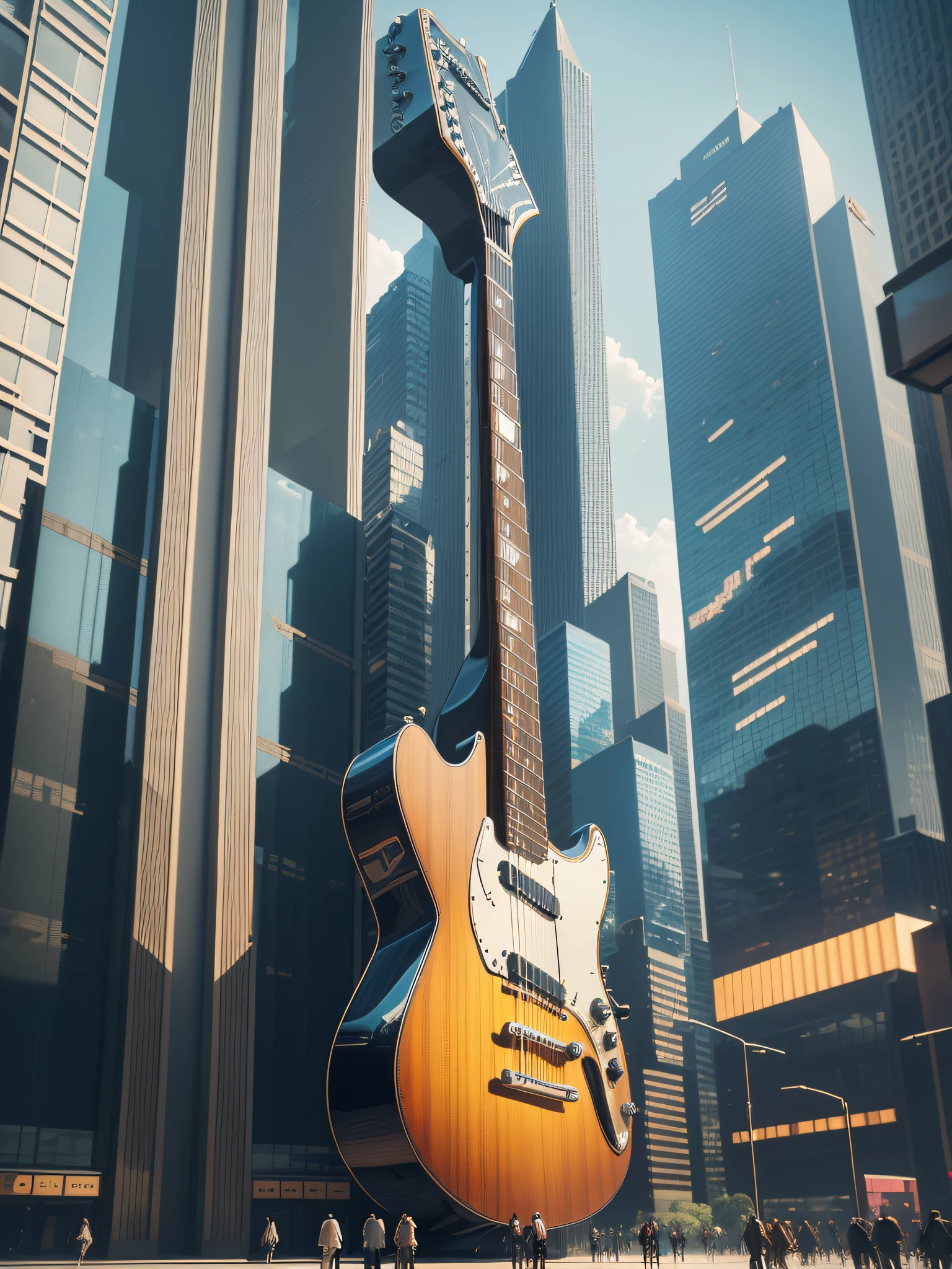 (futuristic style, realistic, 16k, high details),(guitar building,detailed),(people walking towards the building,dynamic,close-up, body detail), --auto --s2