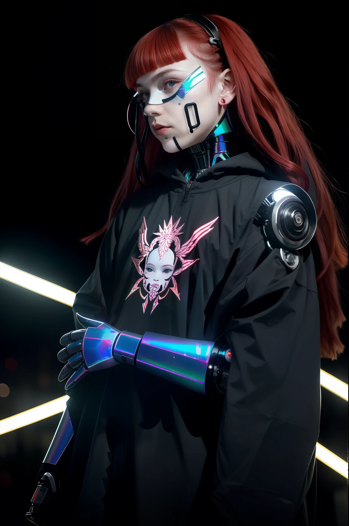 ((wide-angle)) RAW photo of an American girl ((girl)), futobot, mouth mask with thorns, (cyborg), (shimmering red hair, red eyebrow), bright hair, (iridescent red hair), earrings, bangs, mask, tattoos, walk in public, (((night)), bokeh, neon light, ((iridescent eyes)),