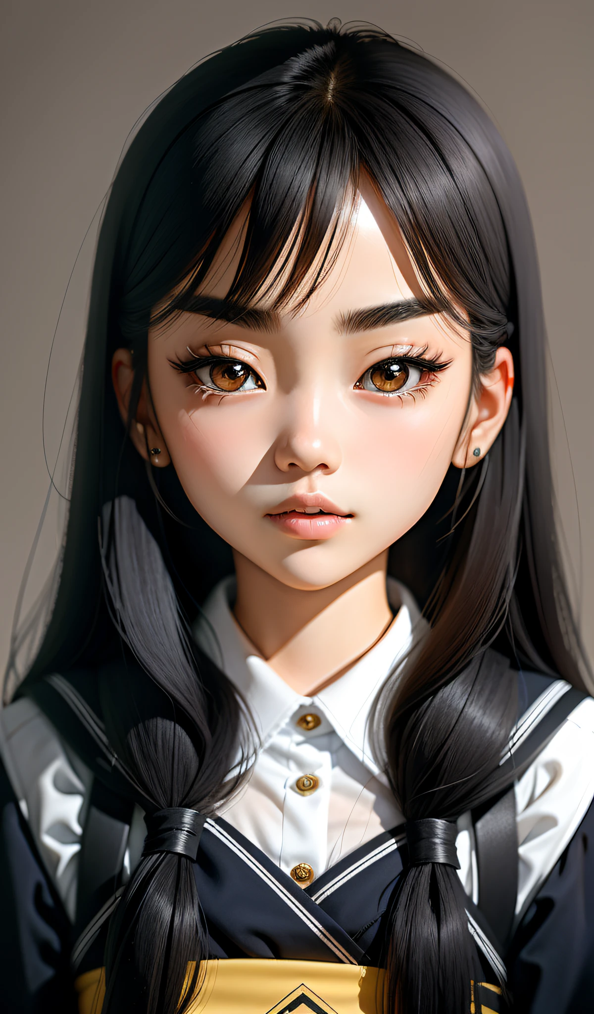She has small face, thick eyebrows, big eyes, sharp nose, thick lips, only face, 4k, very detail, 23 years old, long black hair