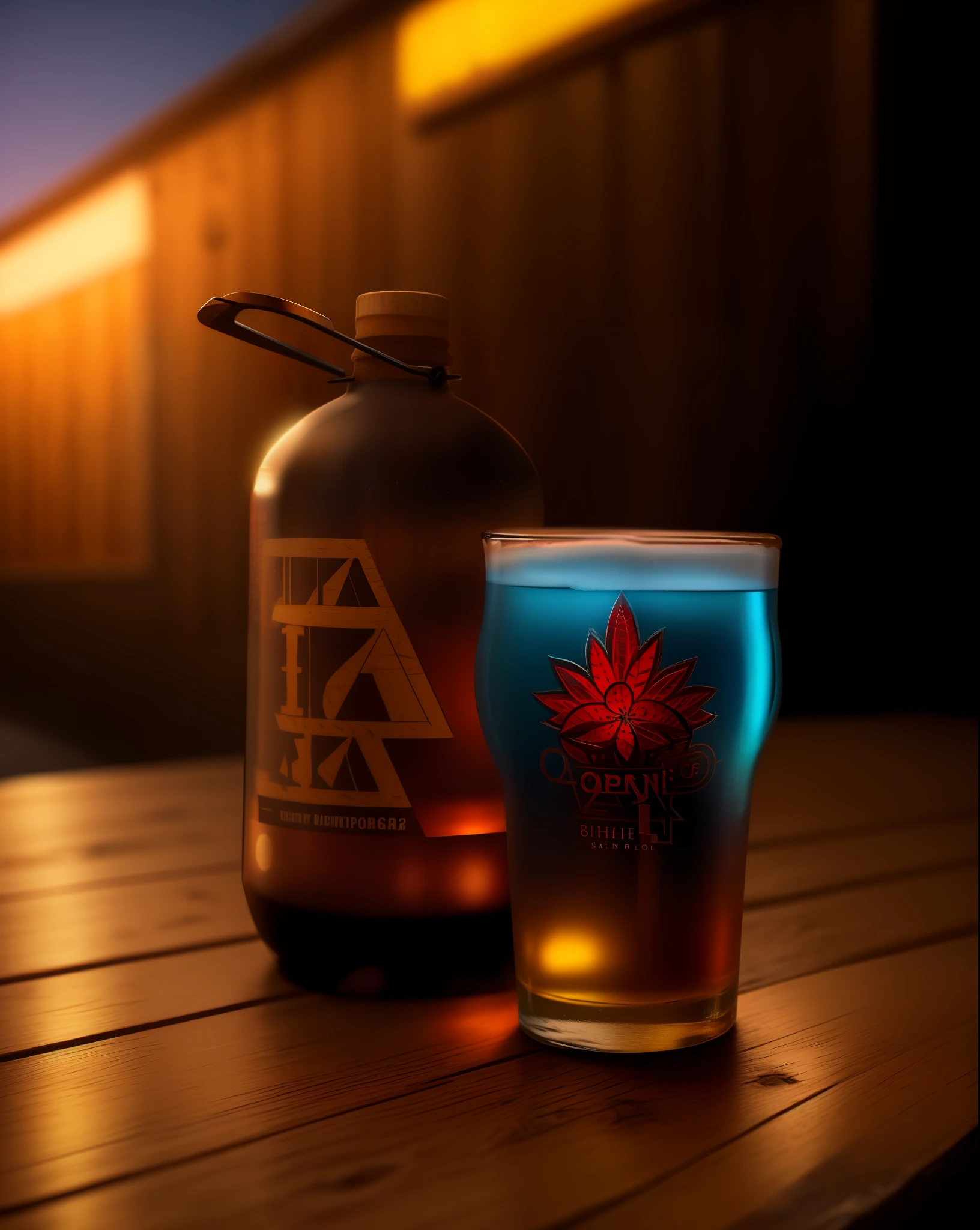 on top of a rustic wooden table, back to a bar full of blurry drinks