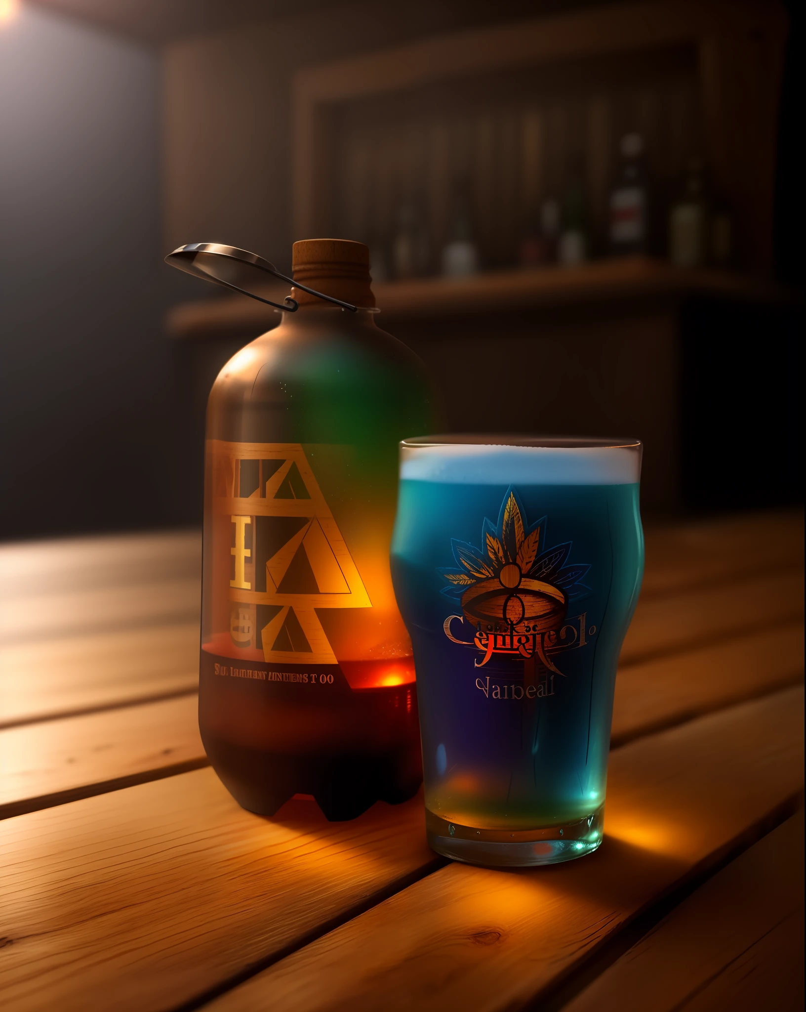 on top of a rustic wooden table, back to a bar full of blurry drinks